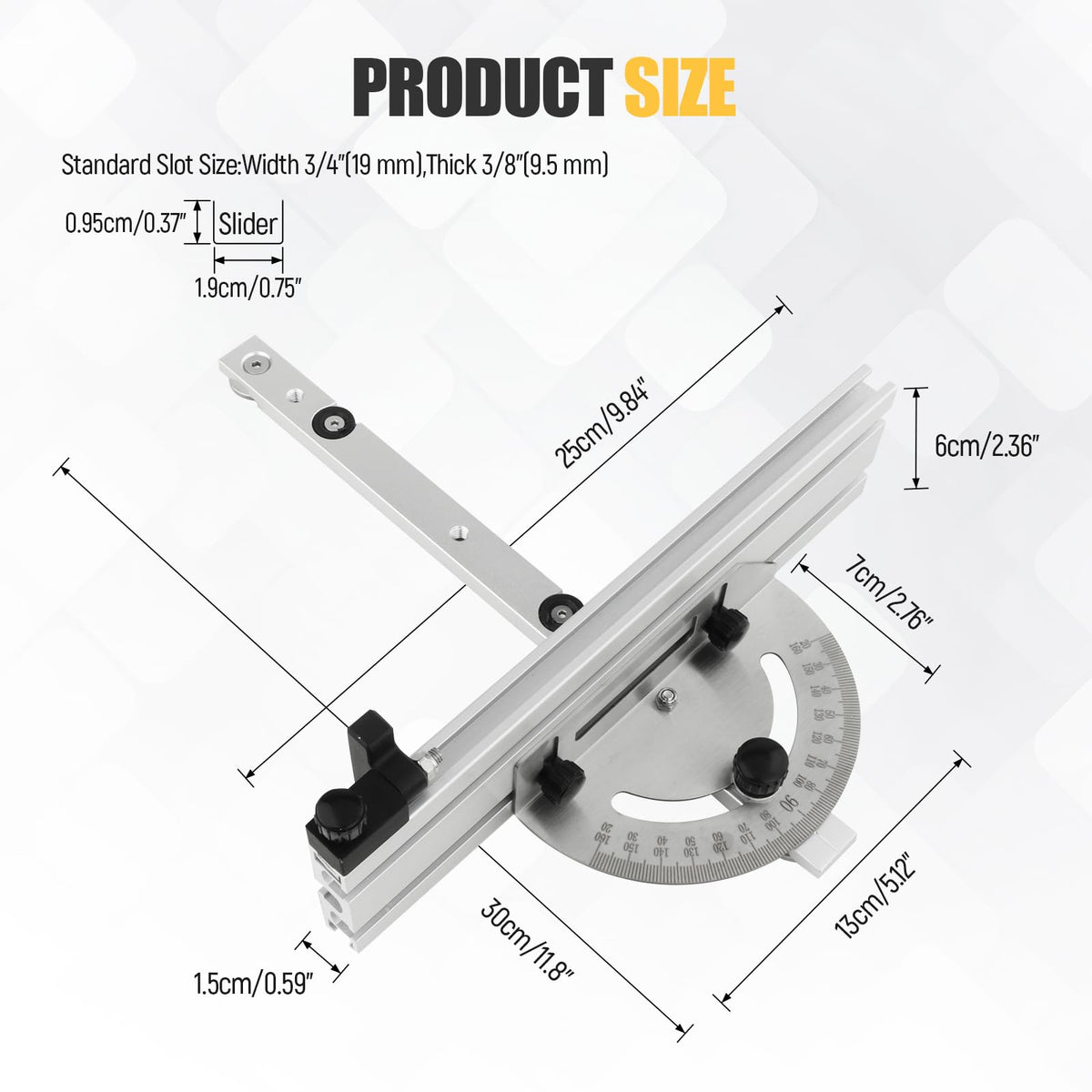 Table Saw Miter Gauge System with Miter Fence, 120° Angle Stops Adjustable, 250mm C89383