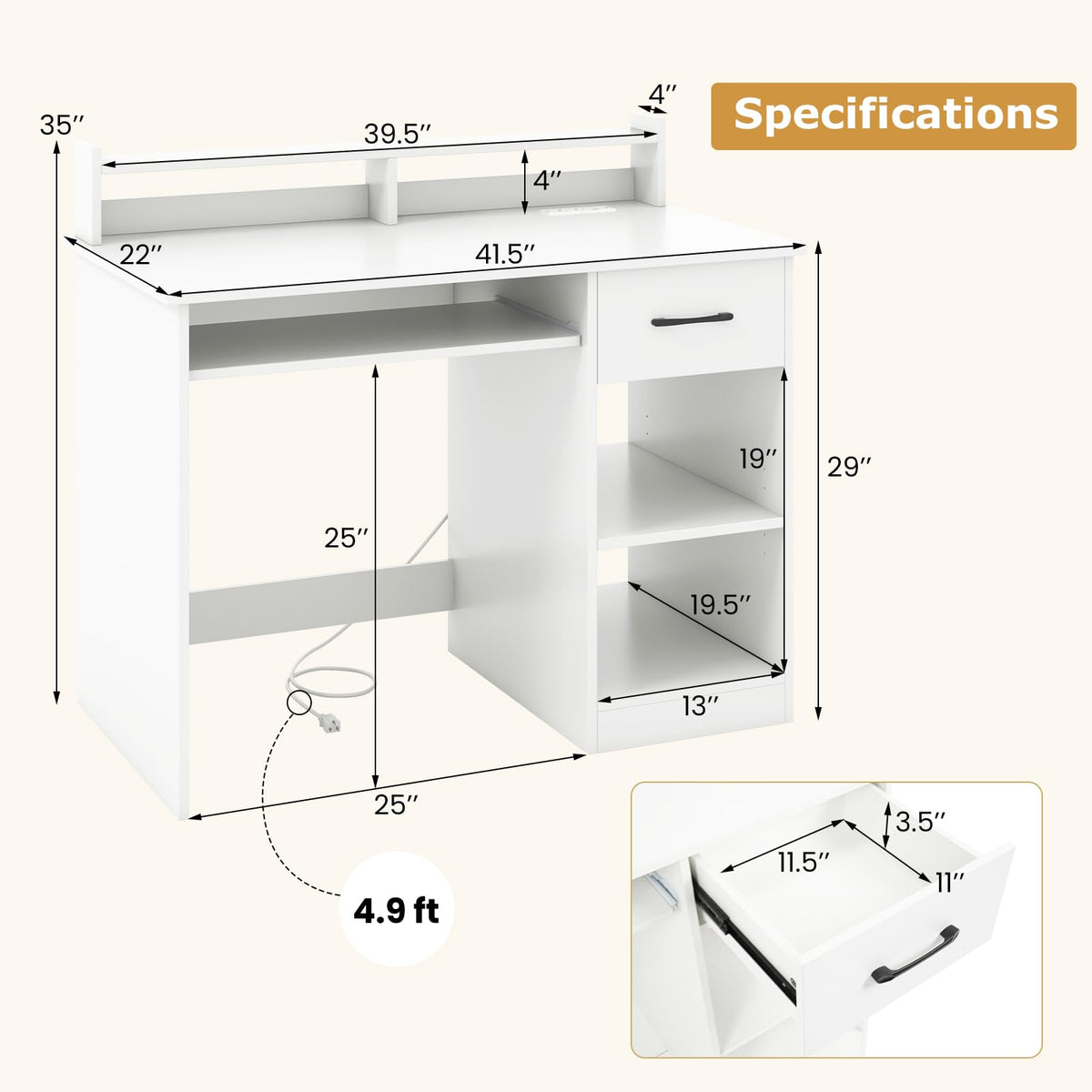 White Desk with Drawer and Keyboard Tray W86323