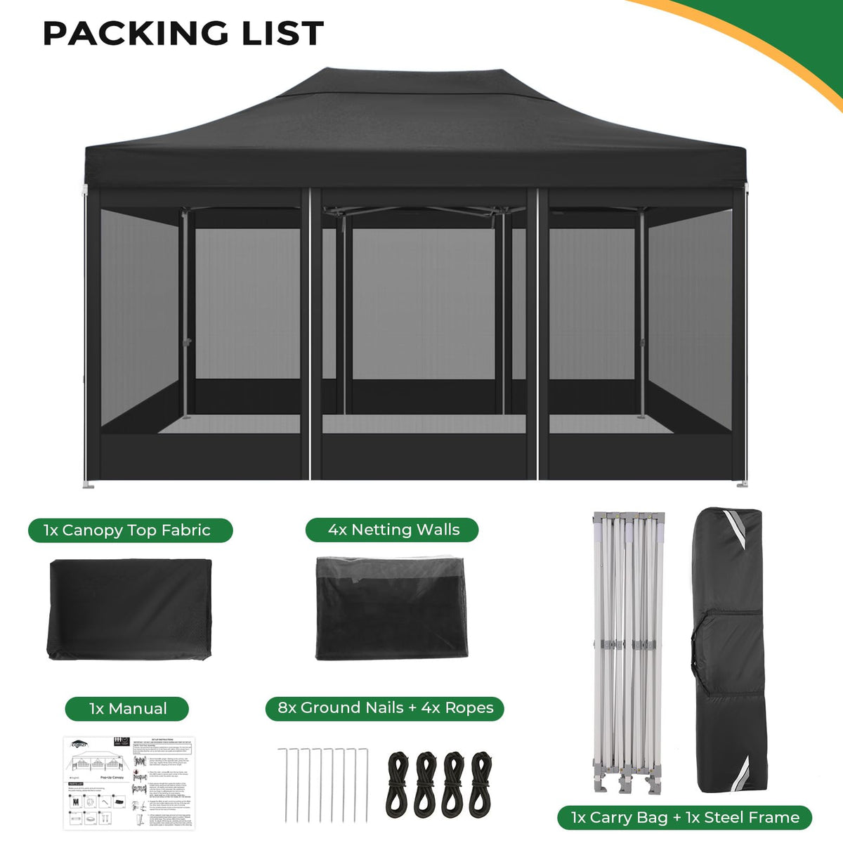 10x15 Heavy Duty Pop Up Canopy with 4 Mosquito Net Sidewalls, Black A4392