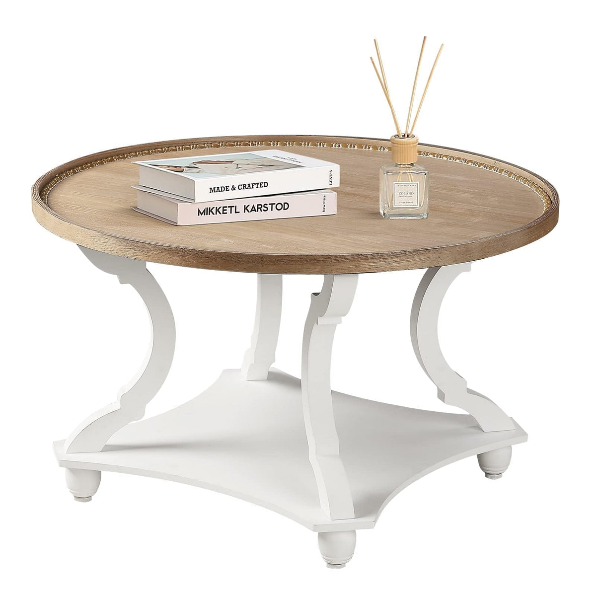 Farmhouse Round Coffee Table with Storage Shelf I6329