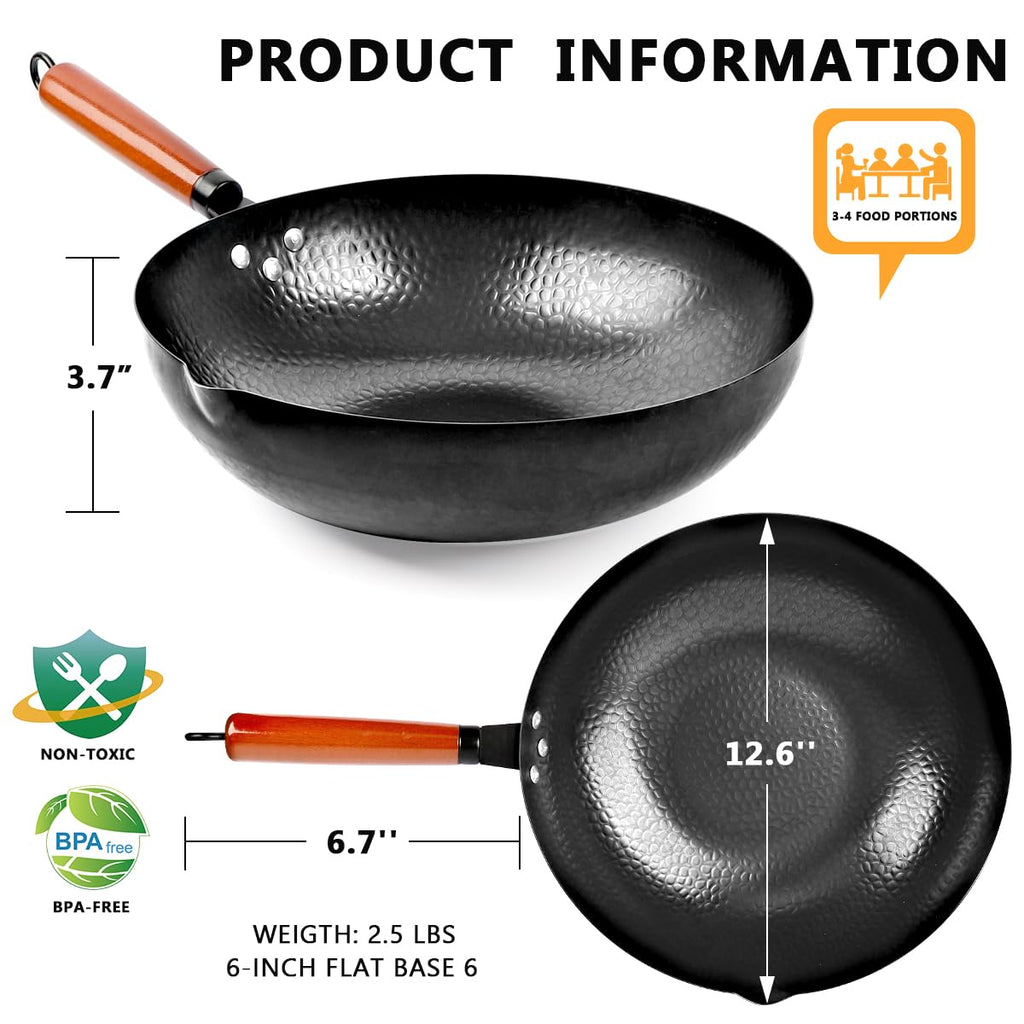 14 Piece Carbon Steel Wok Pan Set with Wooden Lid W6351