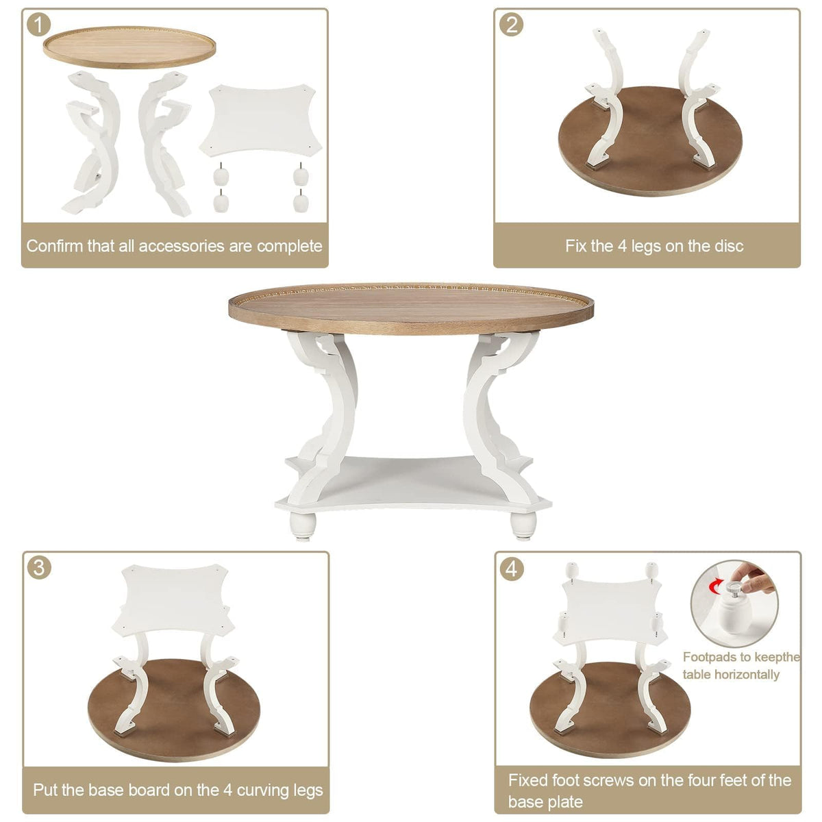 Farmhouse Round Coffee Table with Storage Shelf I6329