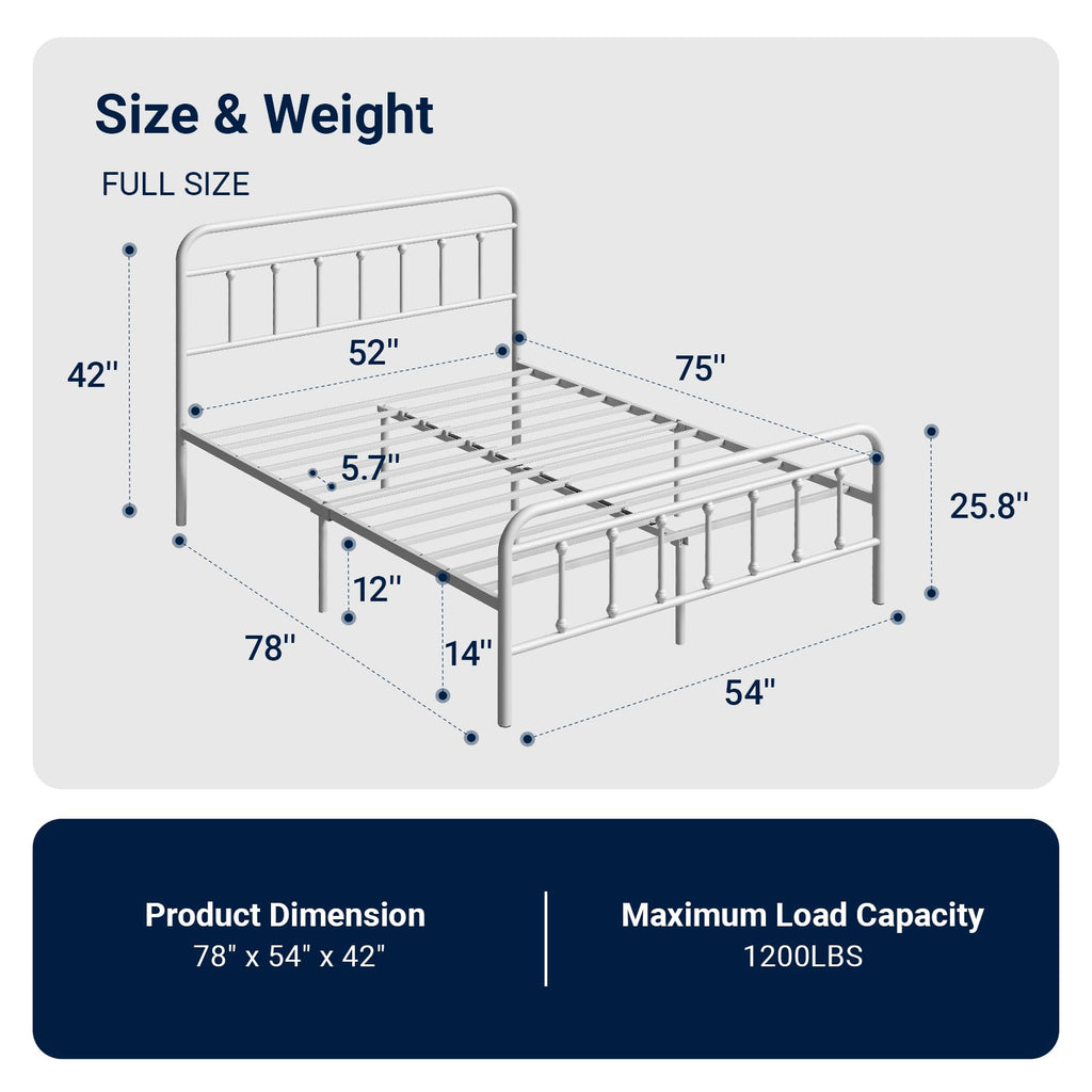 Full Size White Metal Platform Bed Frame with Headboard B402