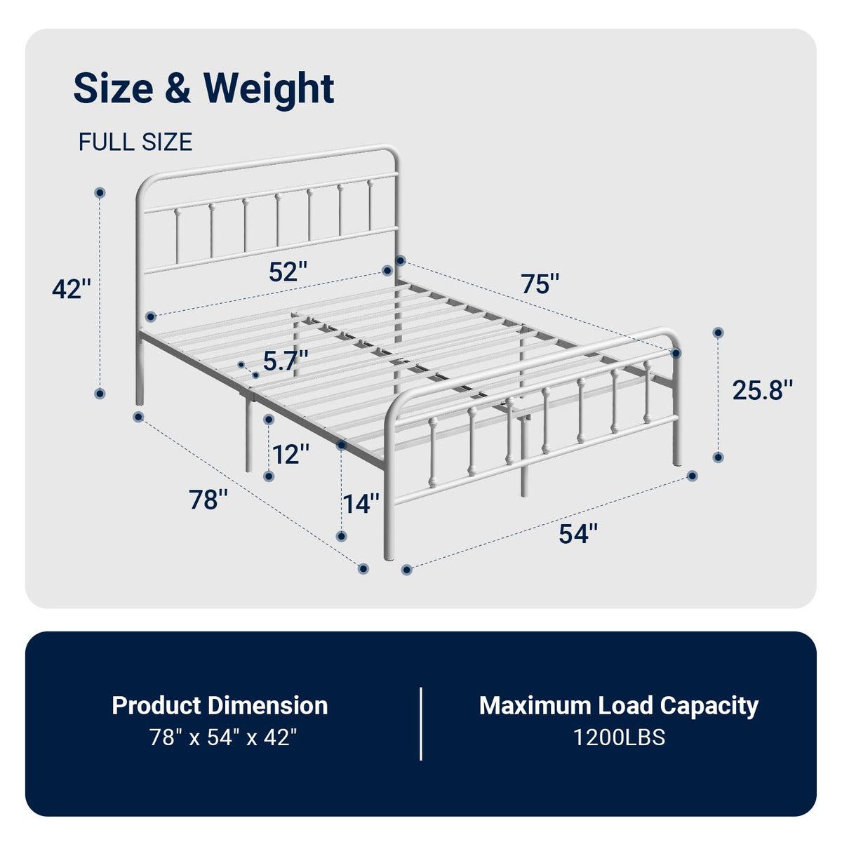 Full Size White Metal Platform Bed Frame with Headboard B402