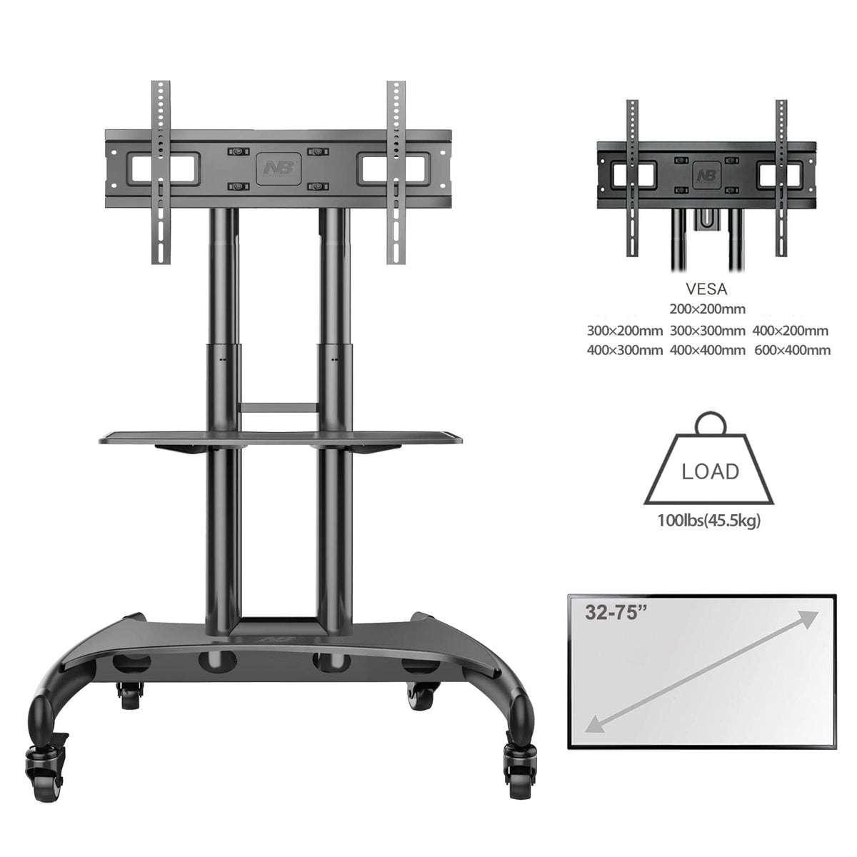 Rolling TV Stand with Wheels for 32 to 75 Inch Flat Panel Screens G492458
