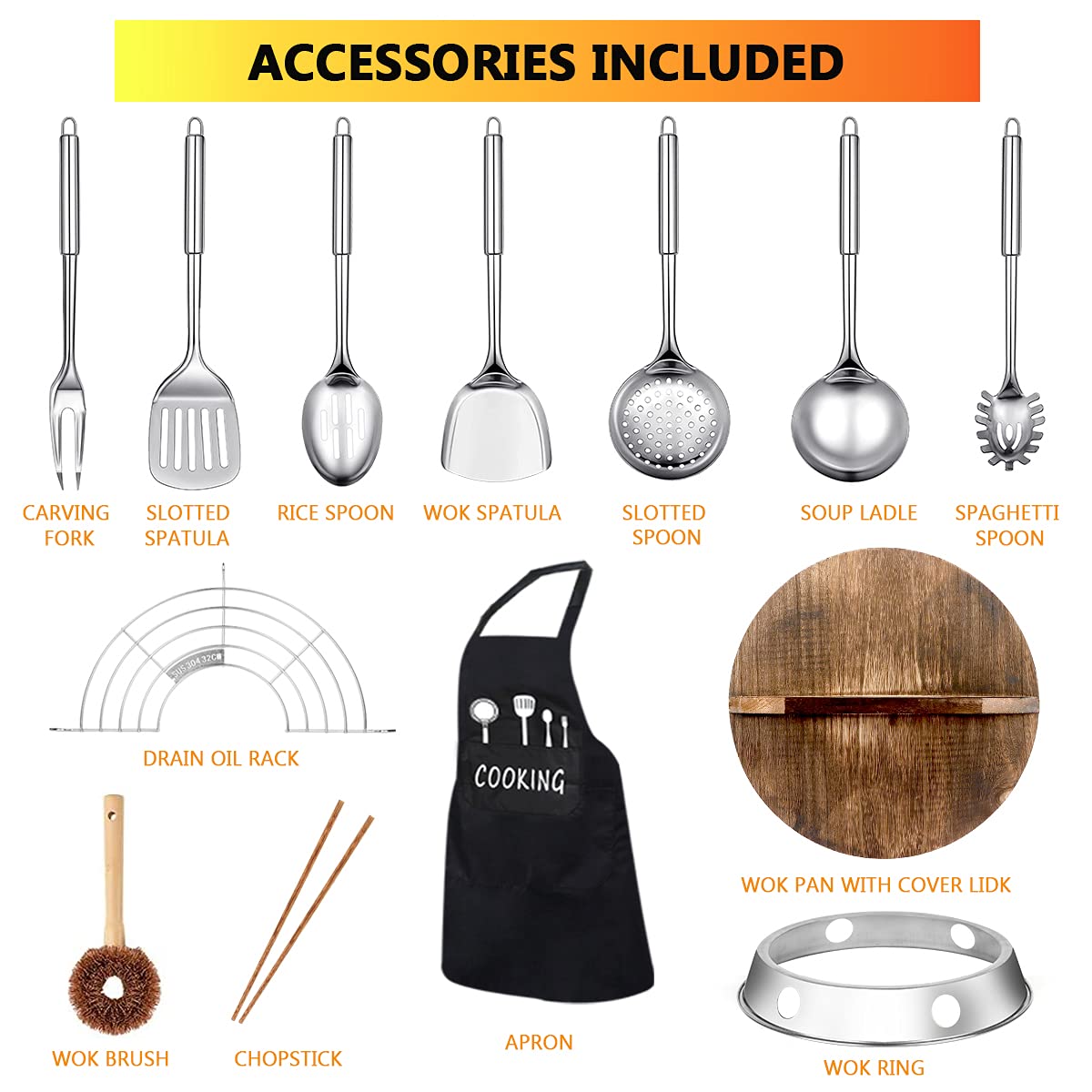 14 Piece Carbon Steel Wok Pan Set with Wooden Lid W6351