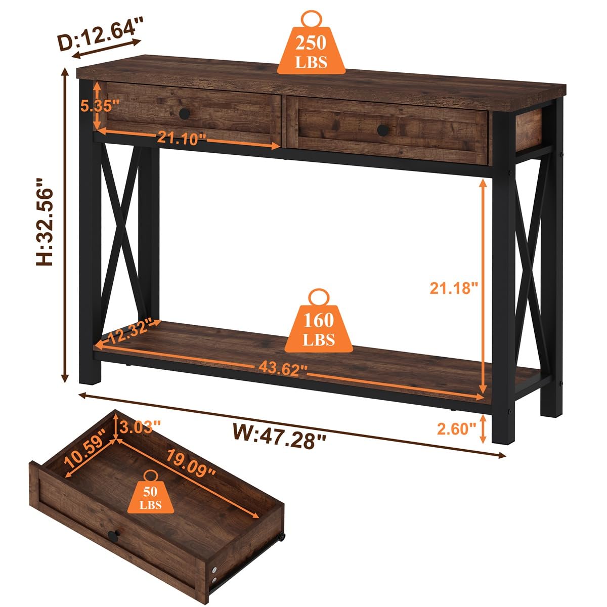 Rustic Oak 47 Inch Console Table with 2 Drawers E3777