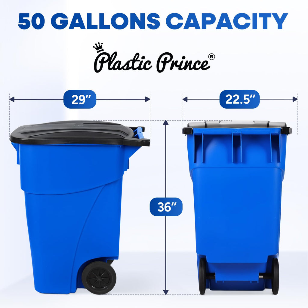 50 Gallon Blue Plastic Trash Can with Lid and Wheels U4832