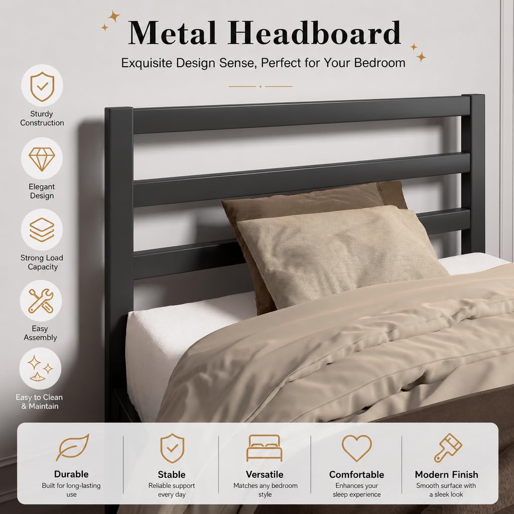 Twin Size Black Metal Bed Frame with Headboard T1184