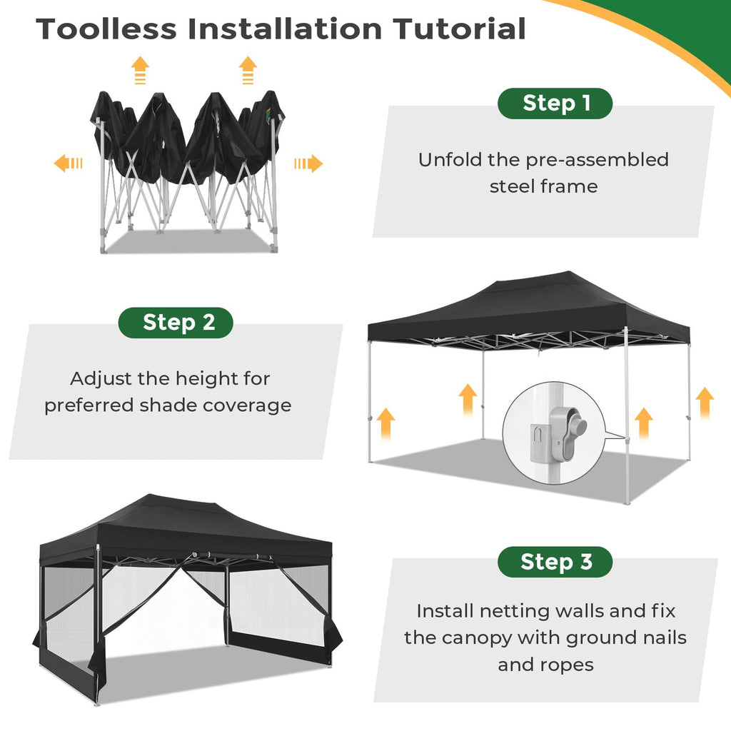10x15 Heavy Duty Pop Up Canopy with 4 Mosquito Net Sidewalls, Black A4392