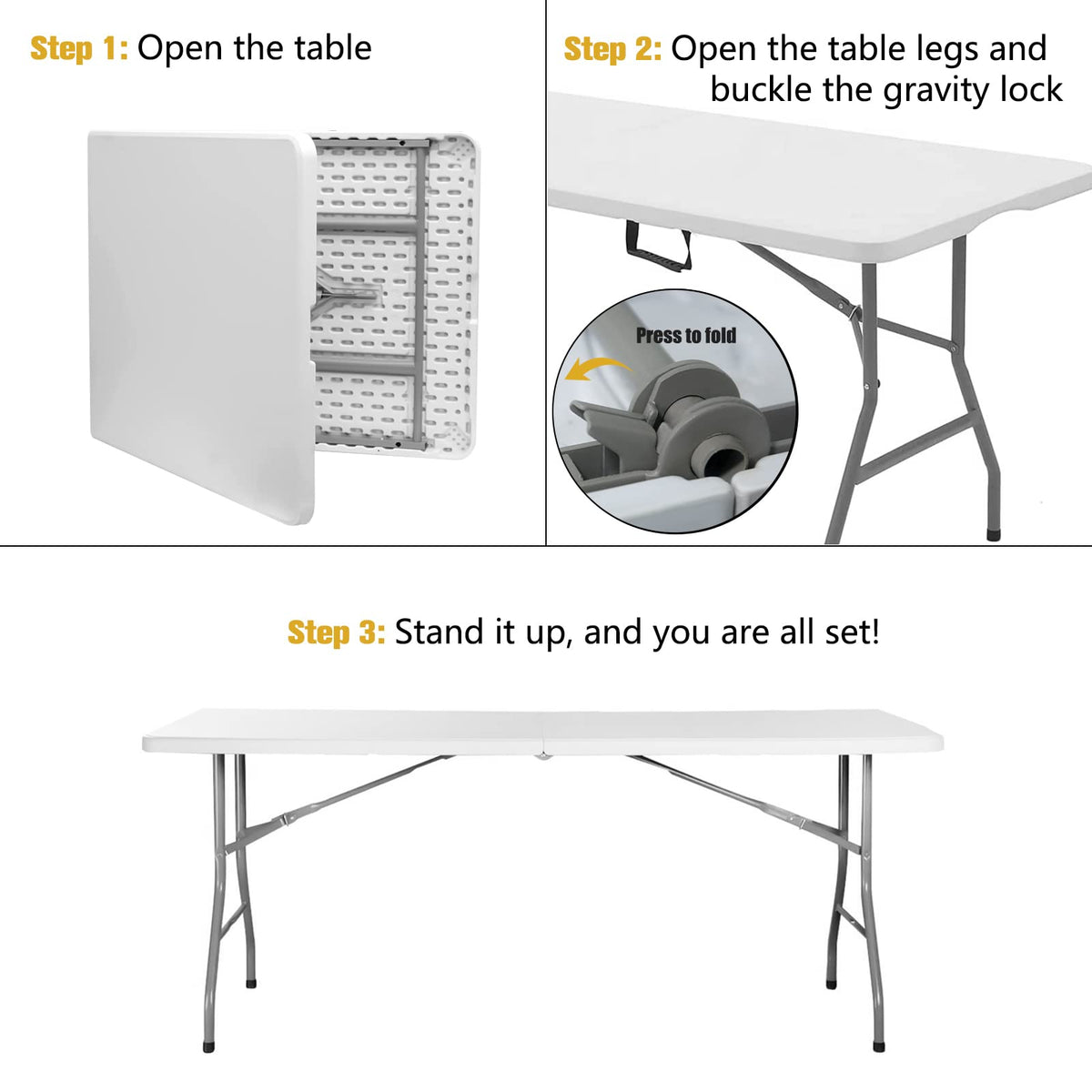 Folding Table 6ft Portable Heavy Duty Plastic White E504972