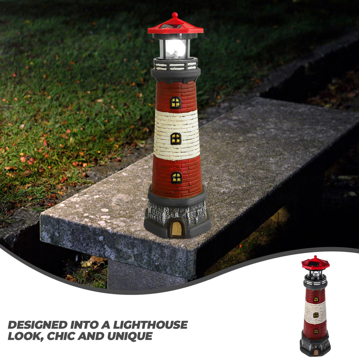 Solar Lighthouse Statue with LED Light 14.76 Inch Red P852