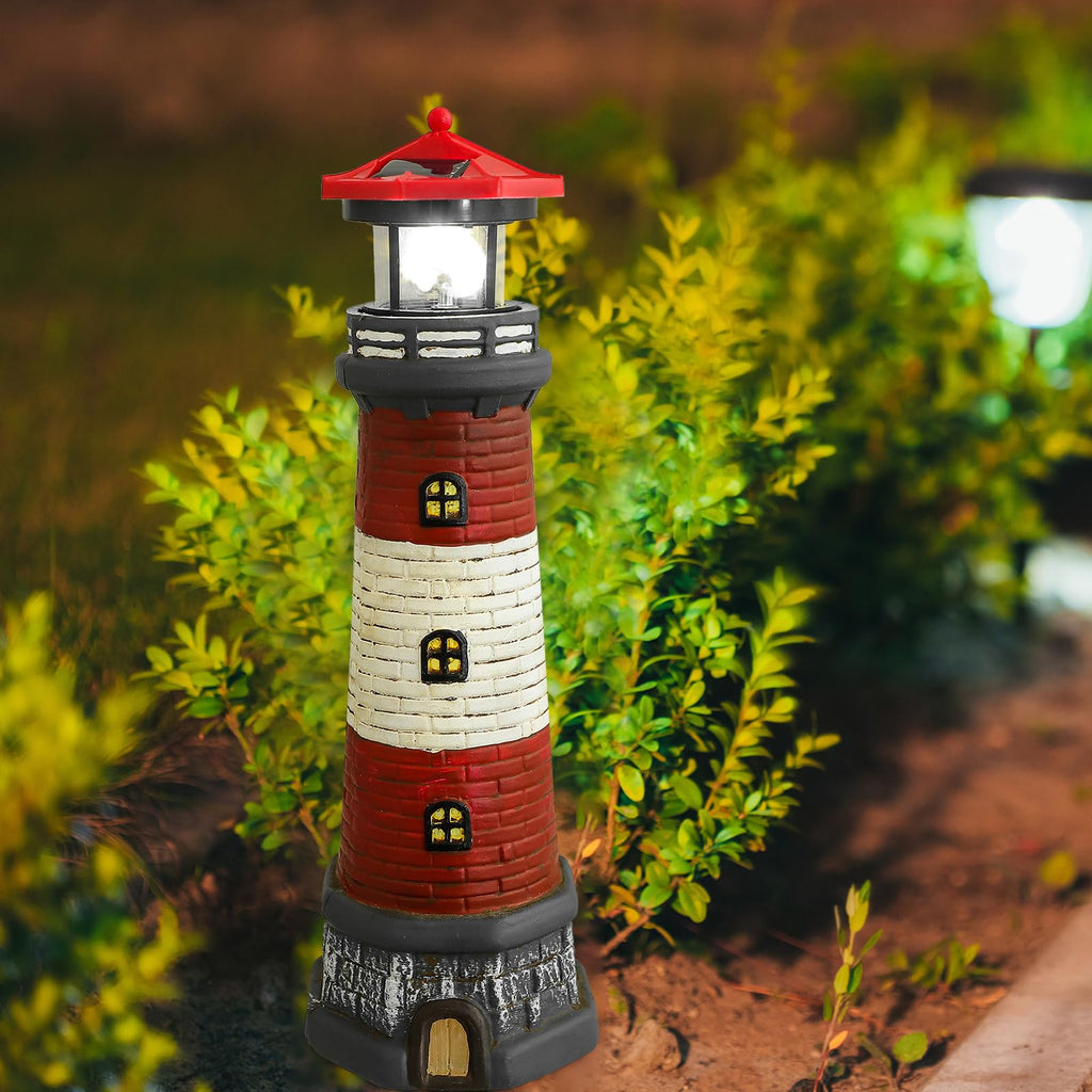 Solar Lighthouse Statue with LED Light 14.76 Inch Red P852