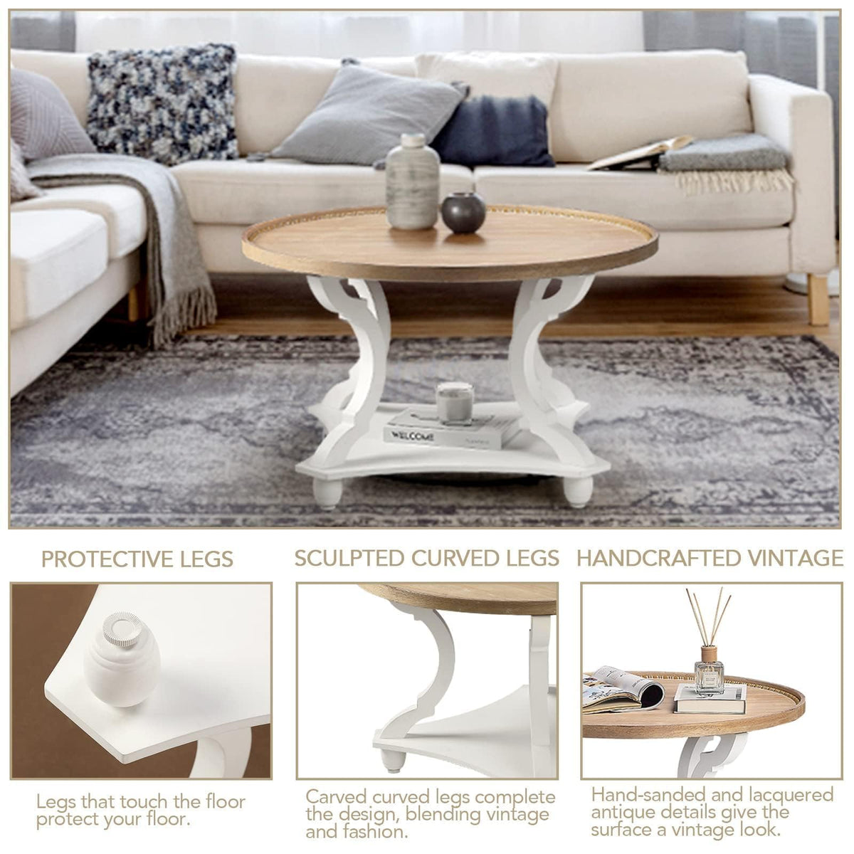 Farmhouse Round Coffee Table with Storage Shelf I6329