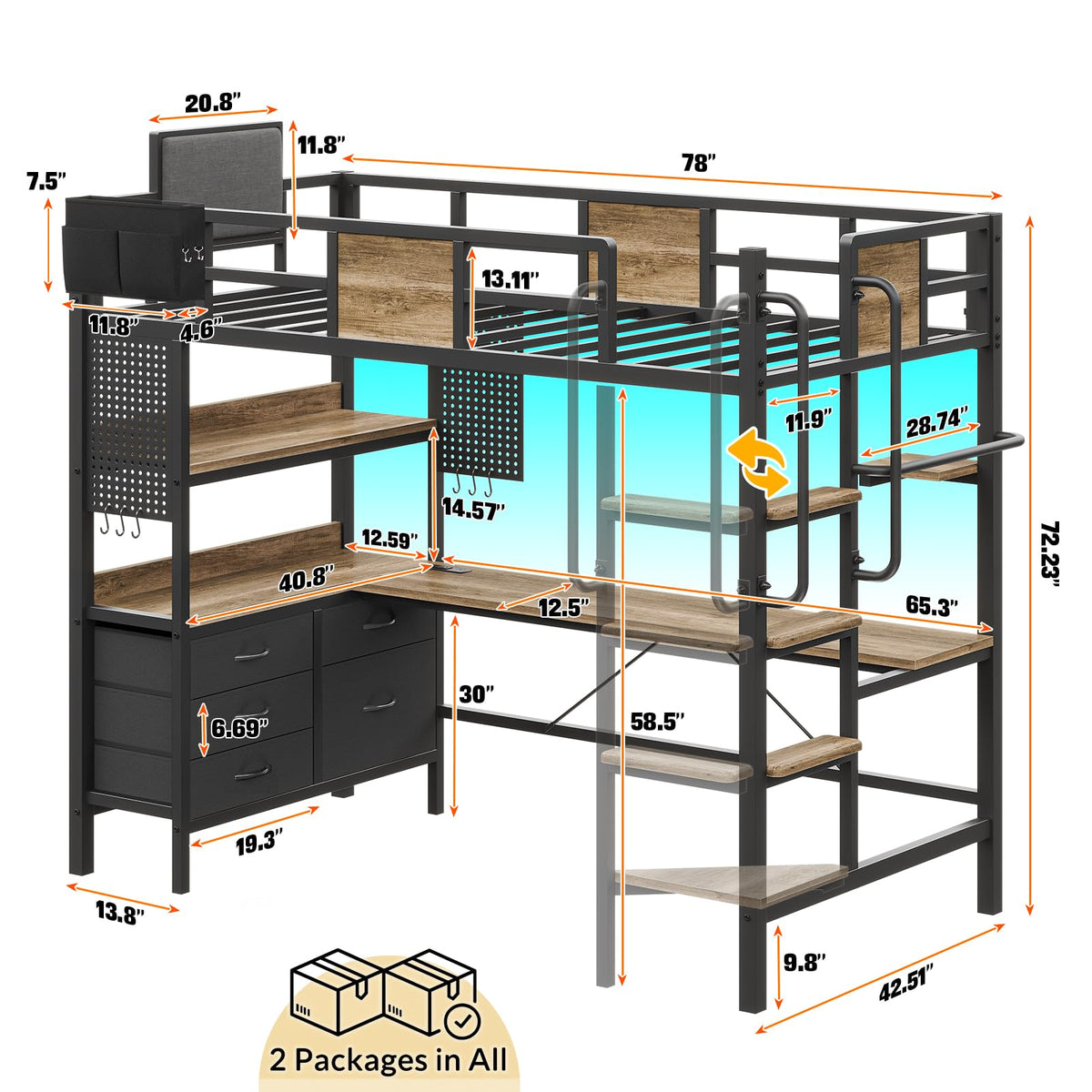 Twin Size Loft Bed with Desk and 5 Drawer P4537