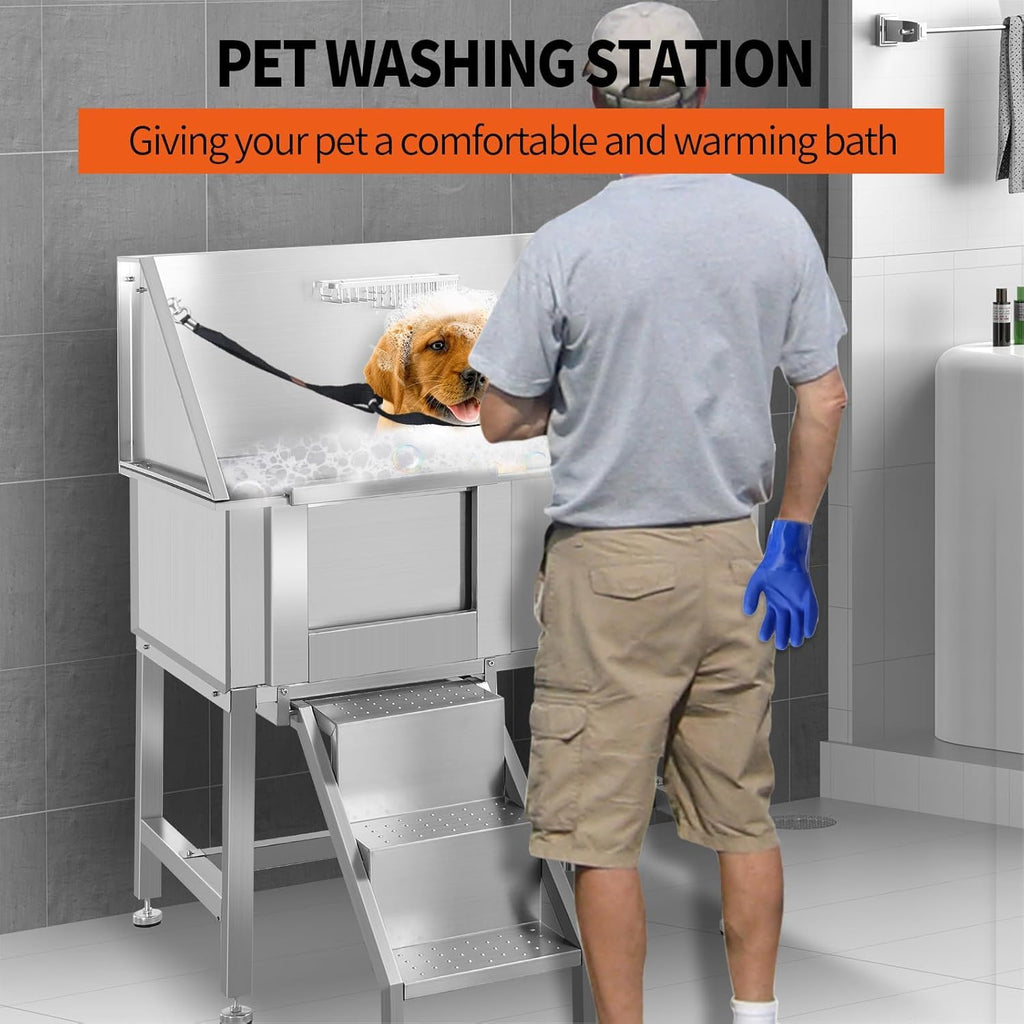 38 Inch Stainless Steel Dog Grooming Tub with Ramp T748