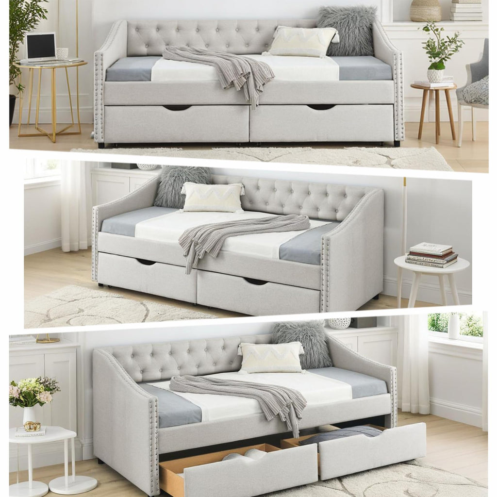 Twin Linen Upholstered Daybed with 2 Storage Drawers U104