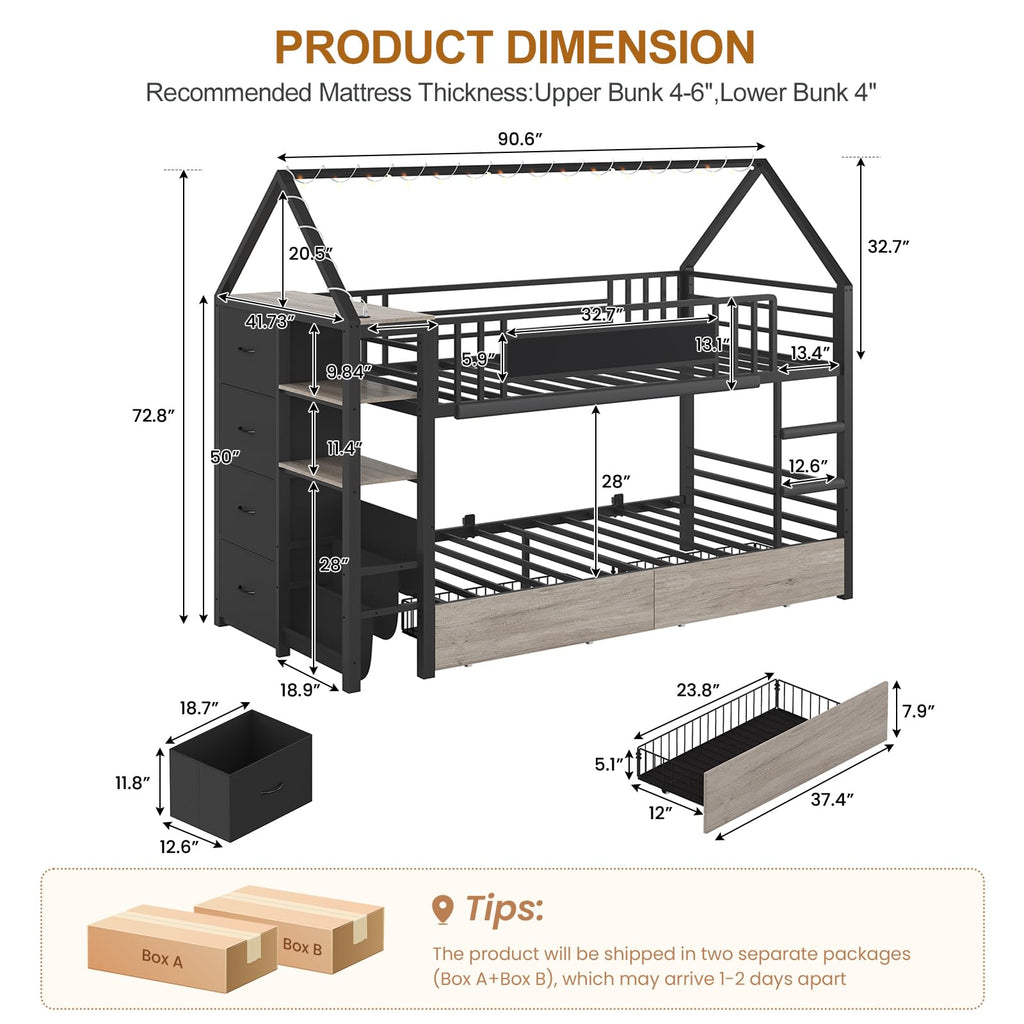 Twin Bunk Bed with Storage Bookshelf, 6 Drawers & USB V10225