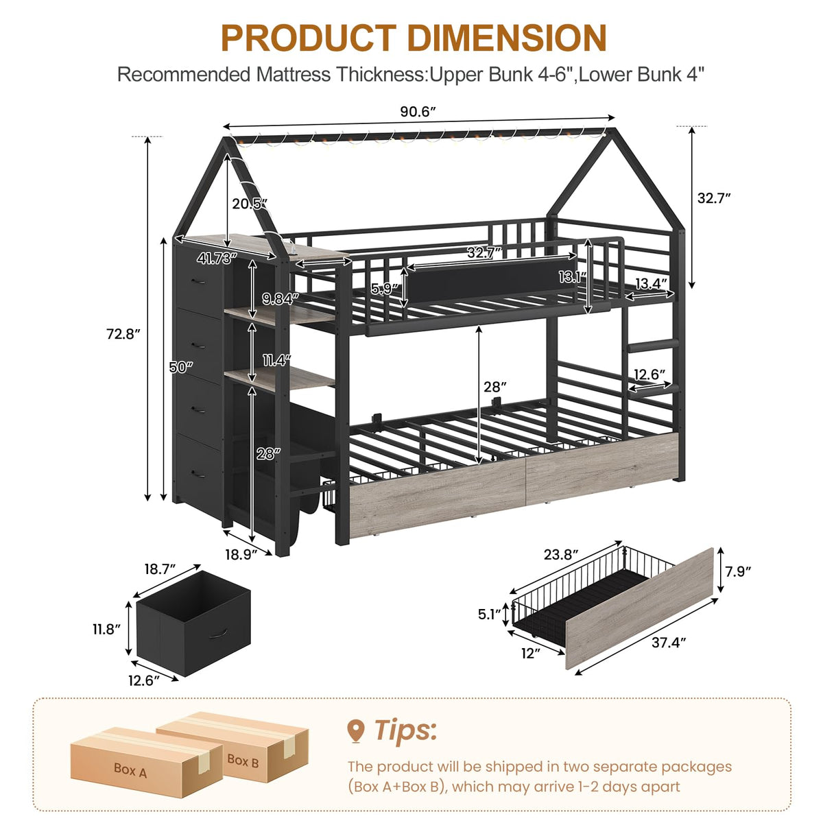 Twin Bunk Bed with Storage Bookshelf, 6 Drawers & USB V10225