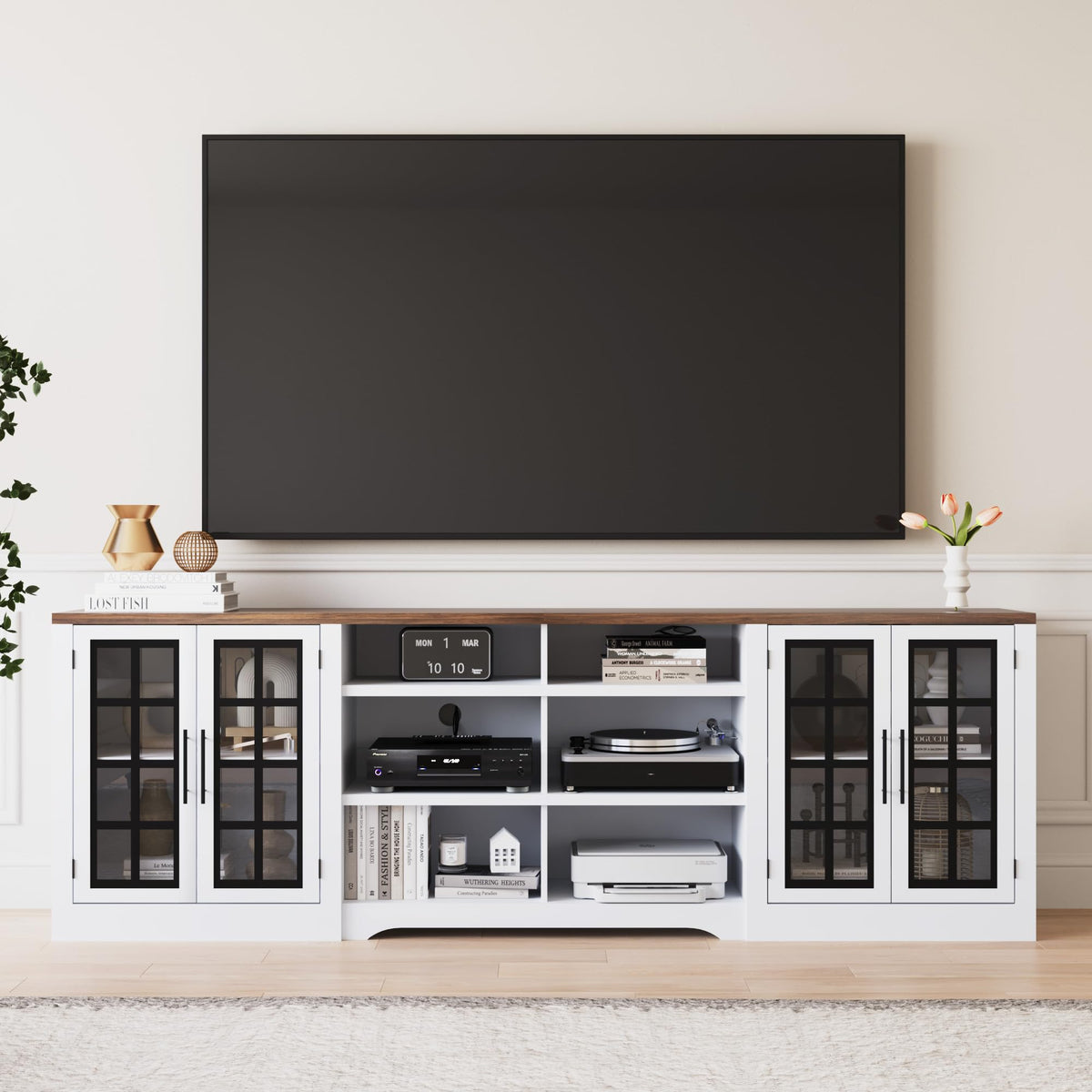 White Black TV Stand with 2 Cabinets and 3-Tier Shelves A714621