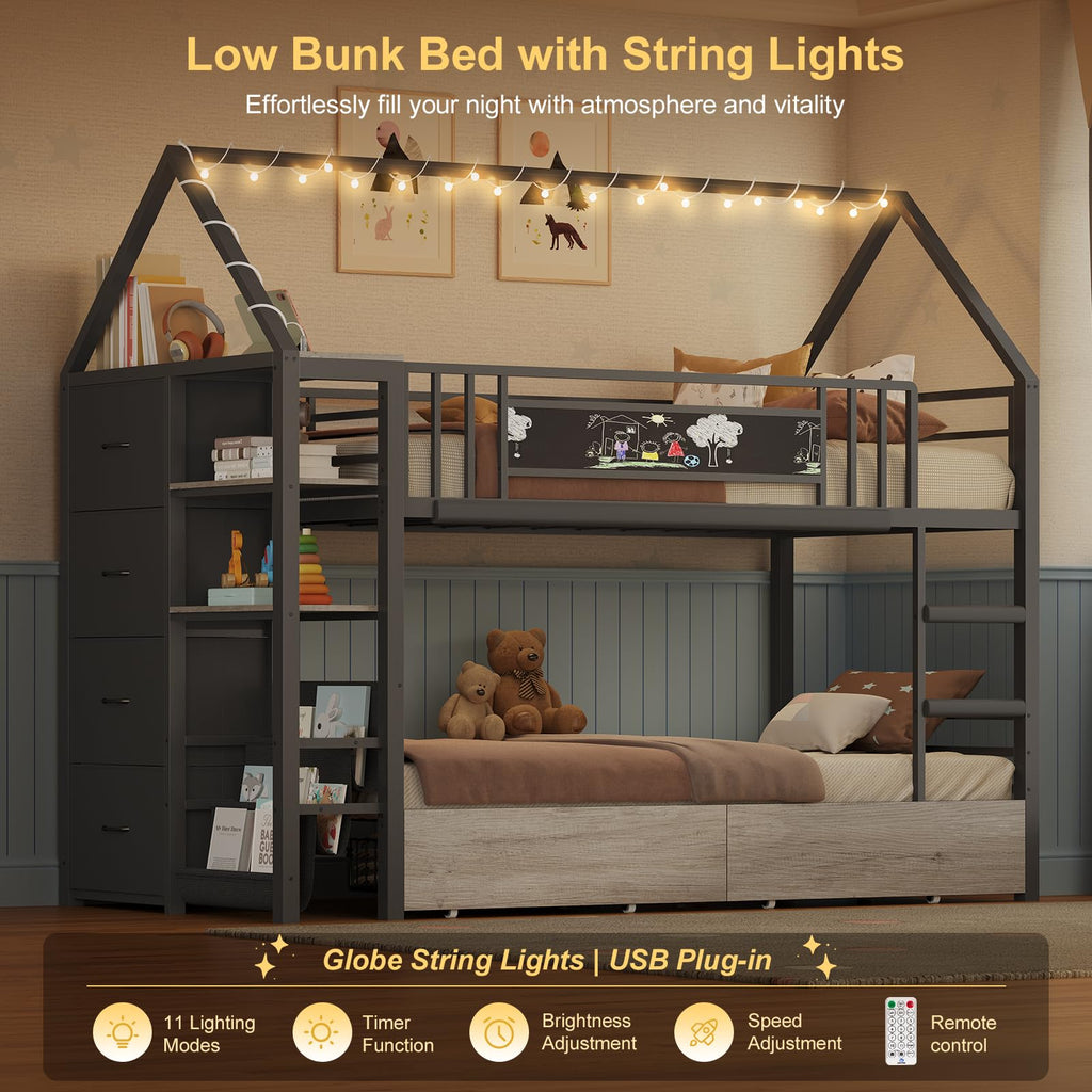 Twin Bunk Bed with Storage Bookshelf, 6 Drawers & USB V10225