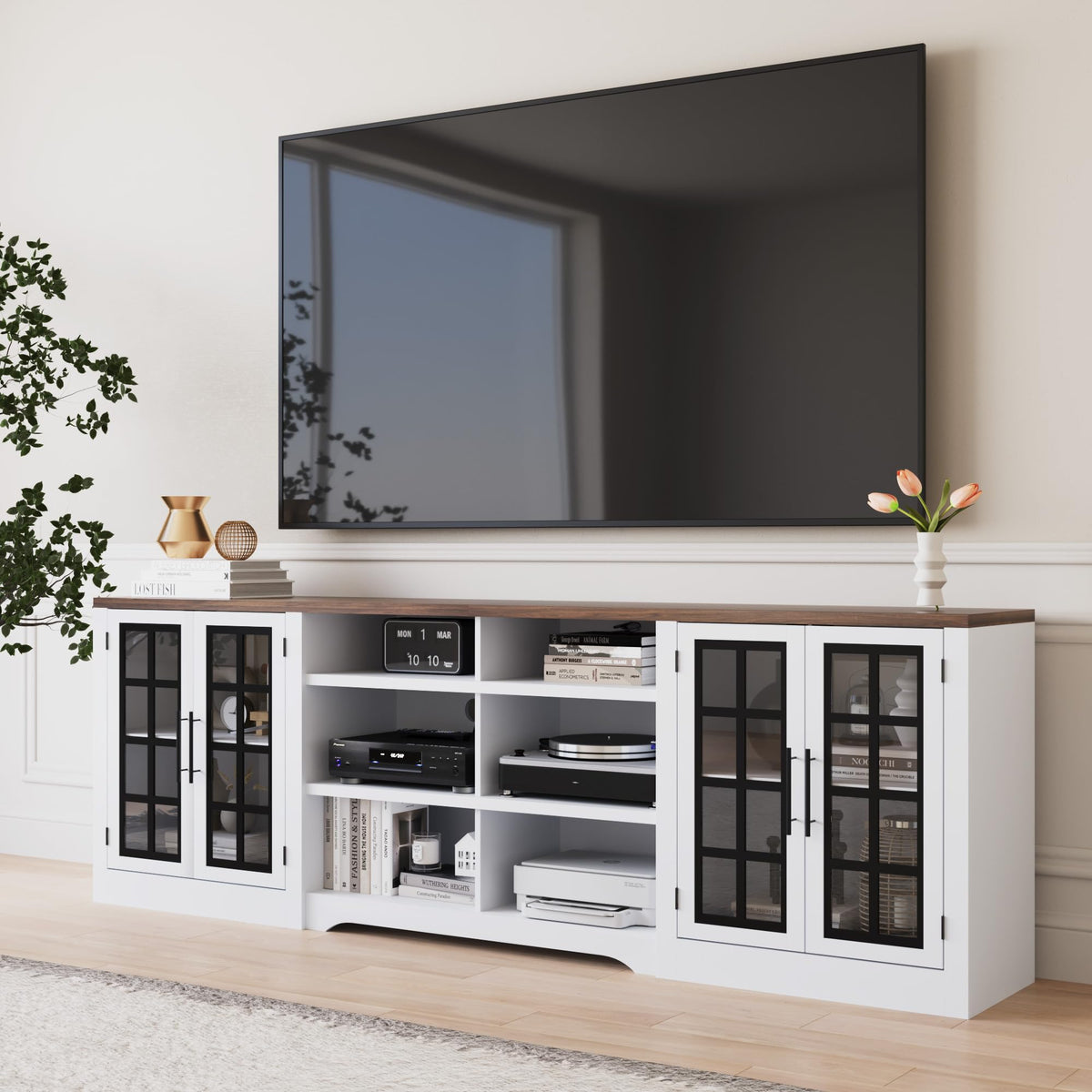 White Black TV Stand with 2 Cabinets and 3-Tier Shelves A714621