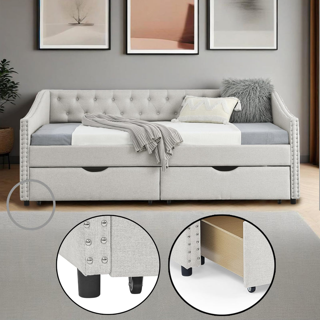 Twin Linen Upholstered Daybed with 2 Storage Drawers U104