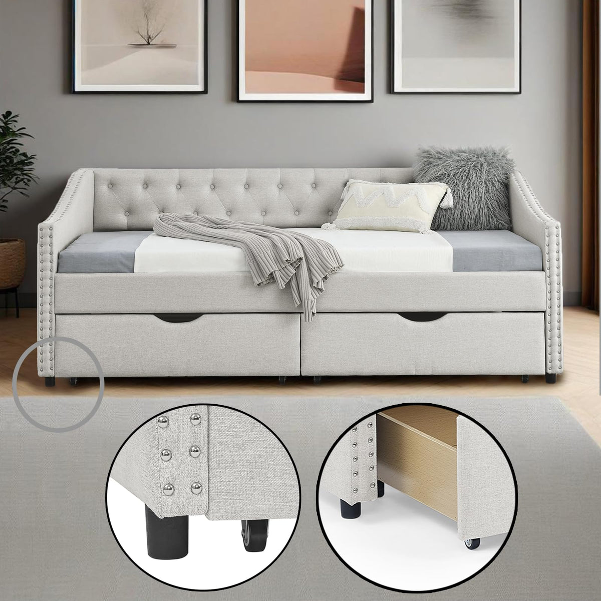 Twin Linen Upholstered Daybed with 2 Storage Drawers U104