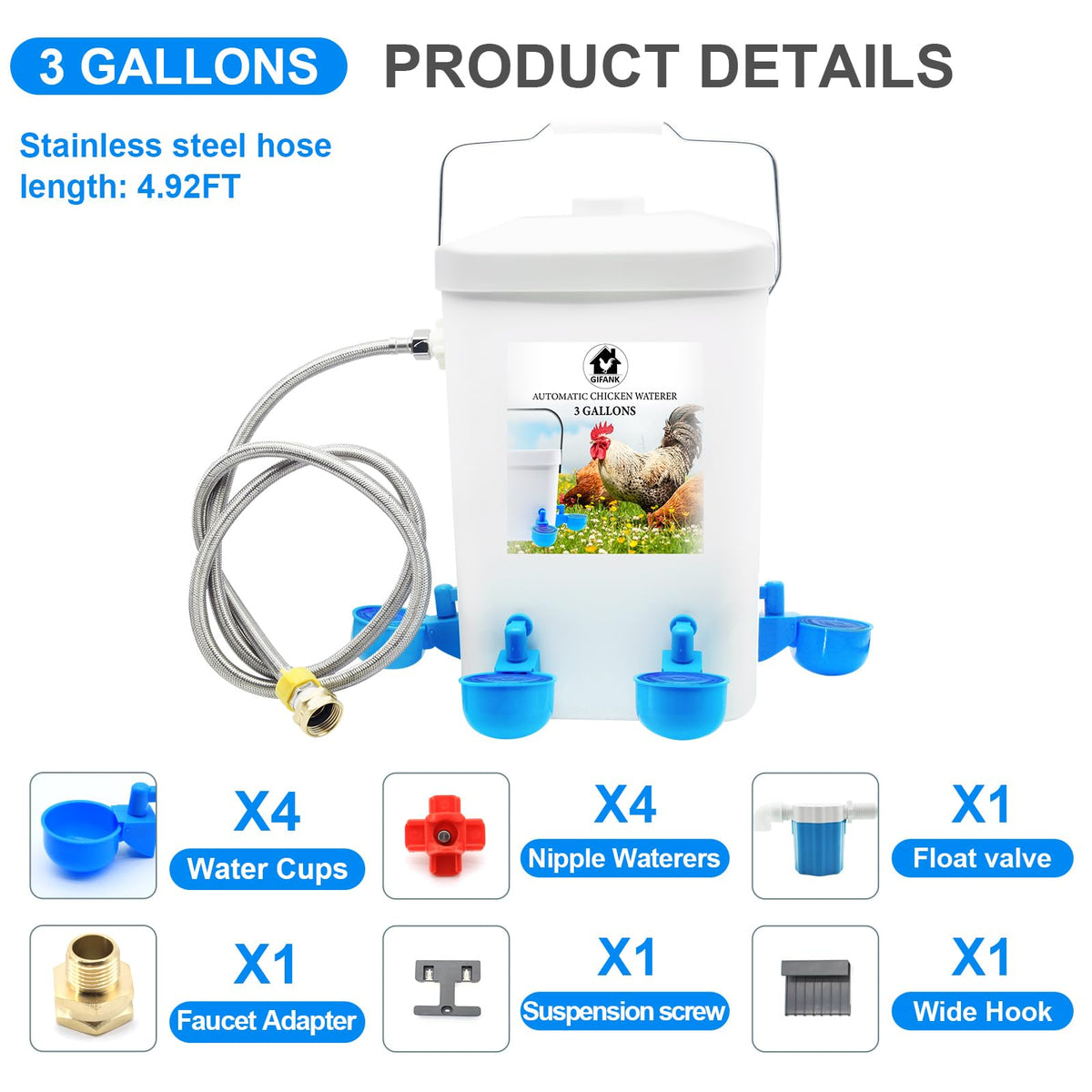 3 Gallons Automatic Poultry Waterer with Hose Attachment C553