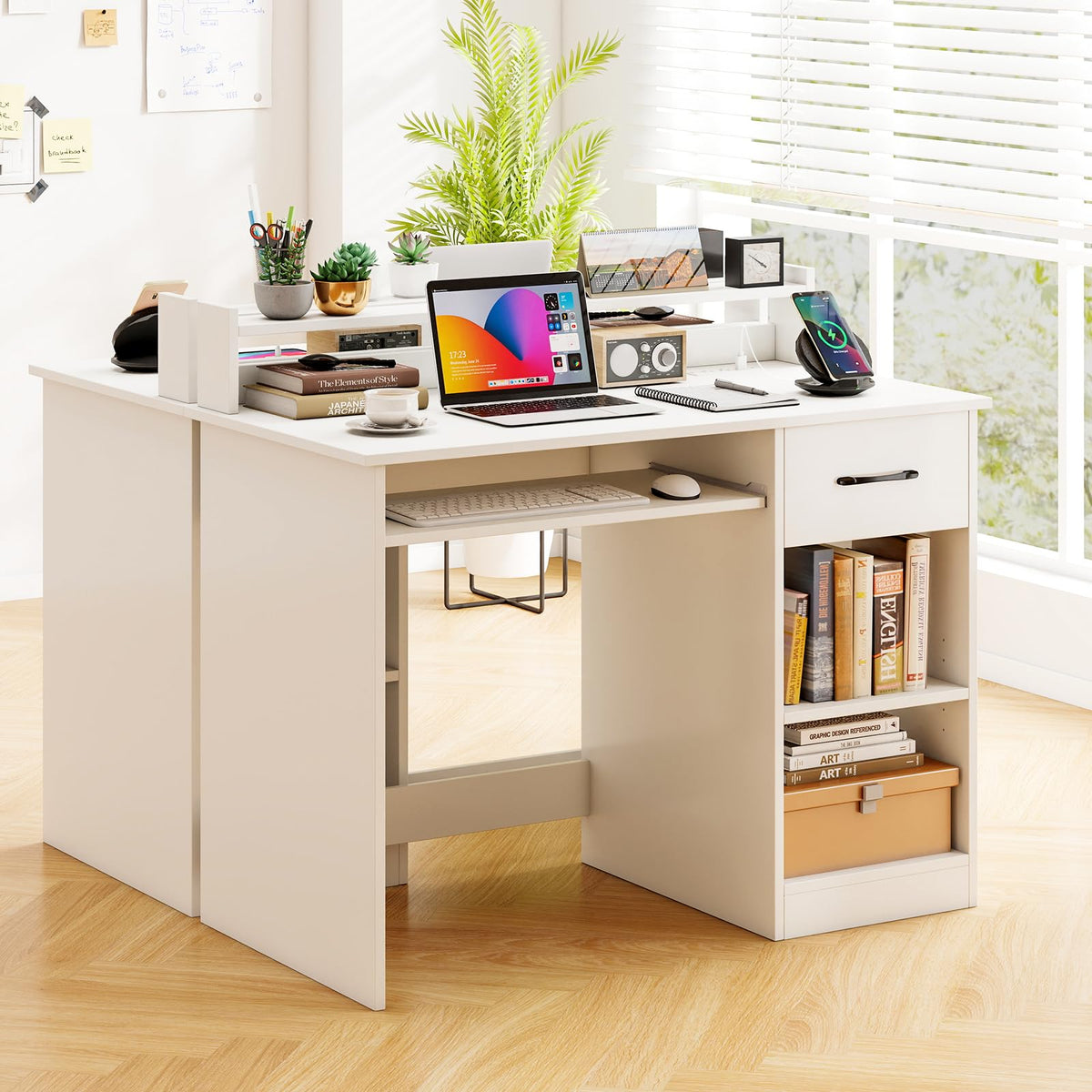 White Desk with Drawer and Keyboard Tray W86323