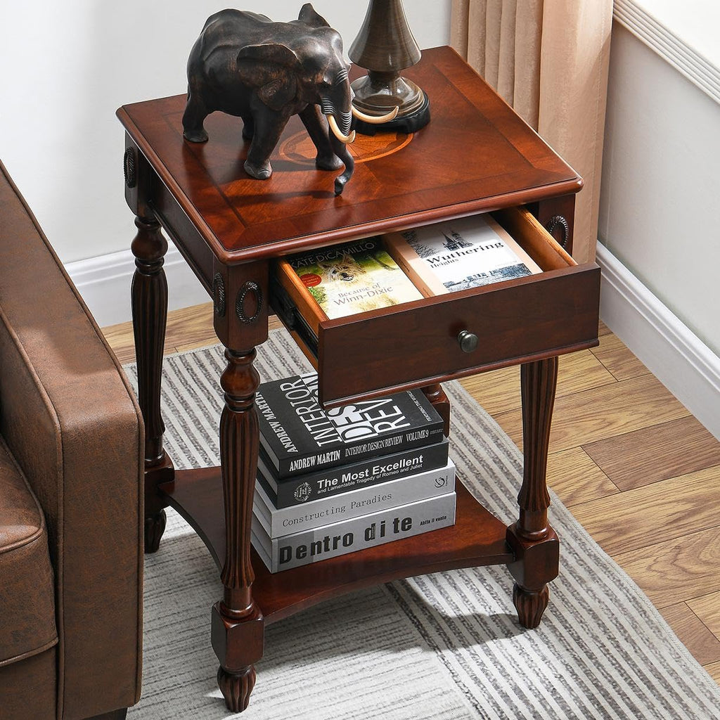 Solid Wood Side Table with Drawer, Cherry Walnut E57284