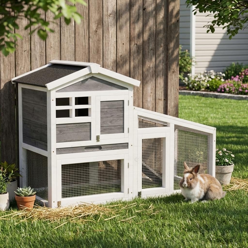 54" 2-Tier Wooden Rabbit Hutch with Run D681