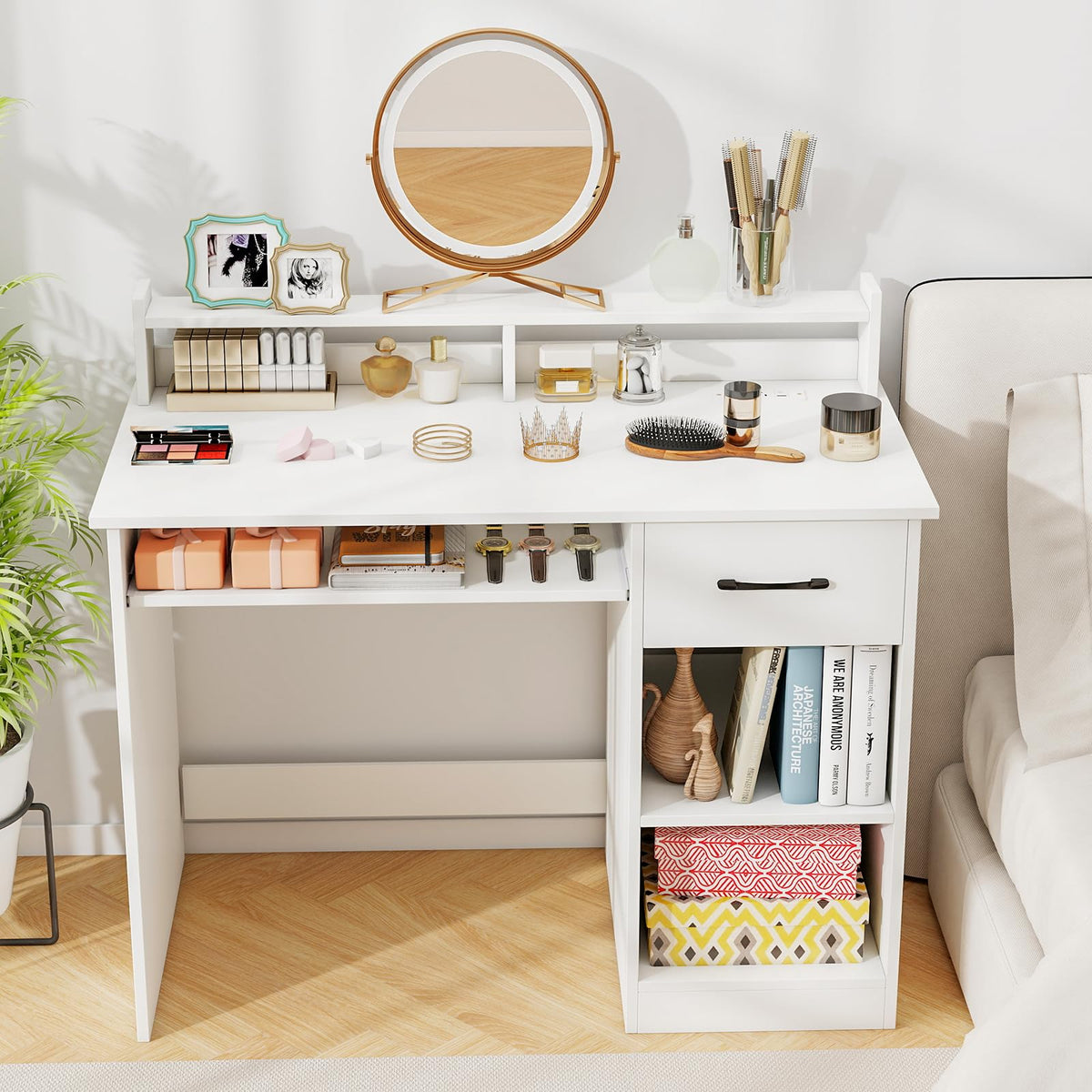 White Desk with Drawer and Keyboard Tray W86323