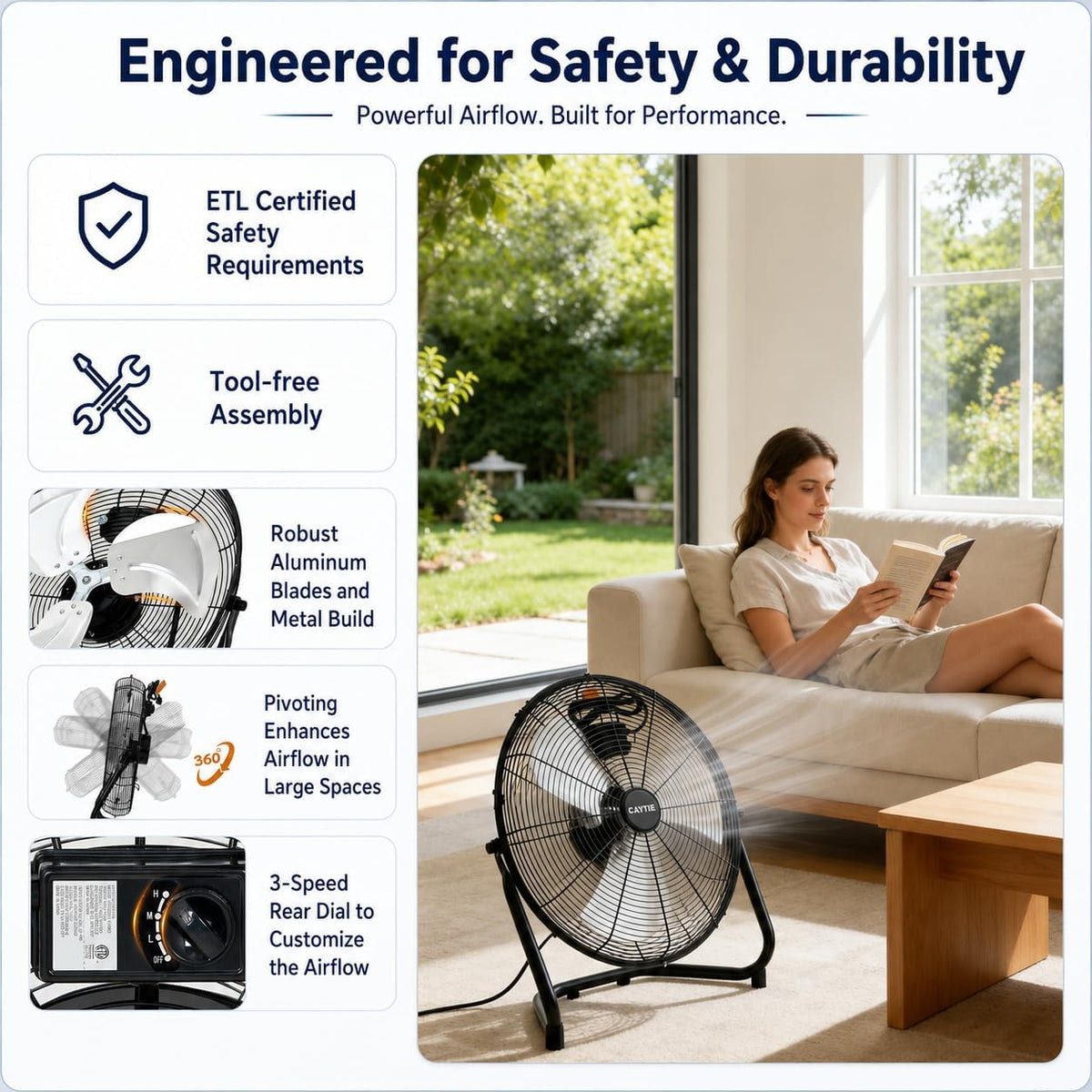 20 Inch Industrial Floor Fan, 3 Speeds, 360° Tilt H3879