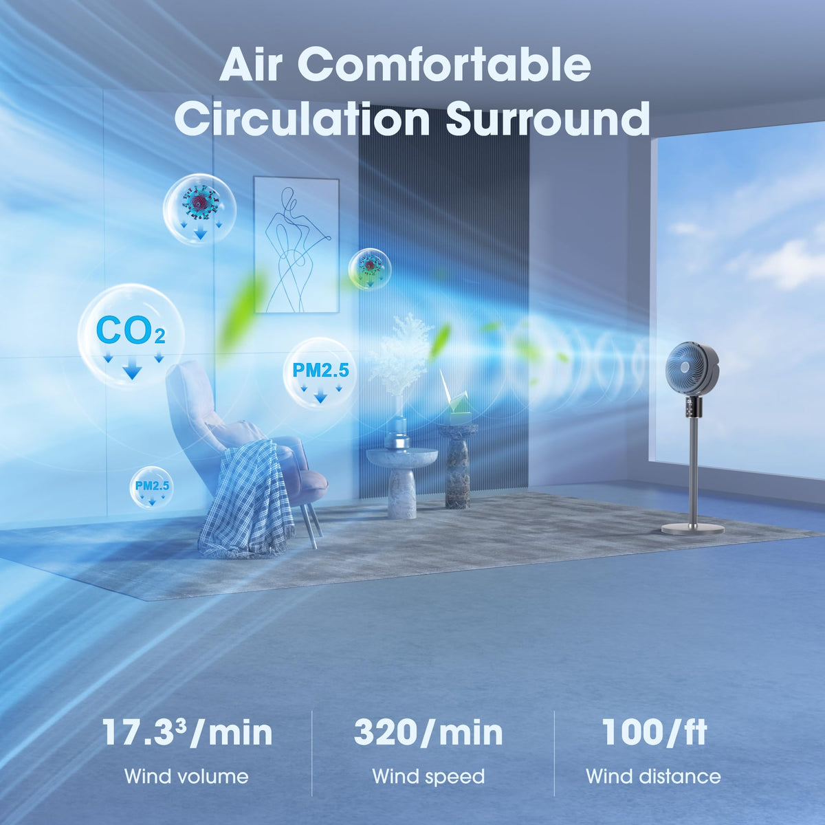 100ft Oscillating Standing Fan with Adjustable Height P395