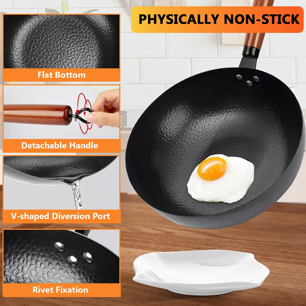 14 Piece Carbon Steel Wok Pan Set with Wooden Lid W6351