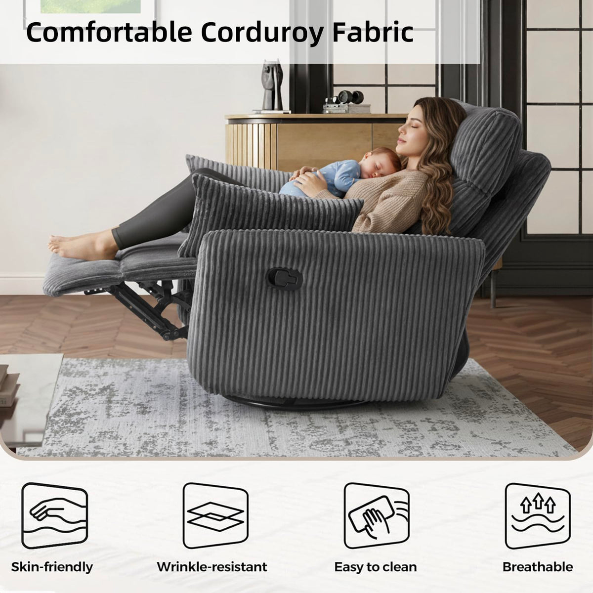 Gray Corduroy Swivel Recliner Chair E11884