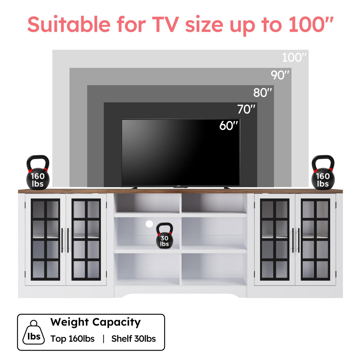 White Black TV Stand with 2 Cabinets and 3-Tier Shelves A714621