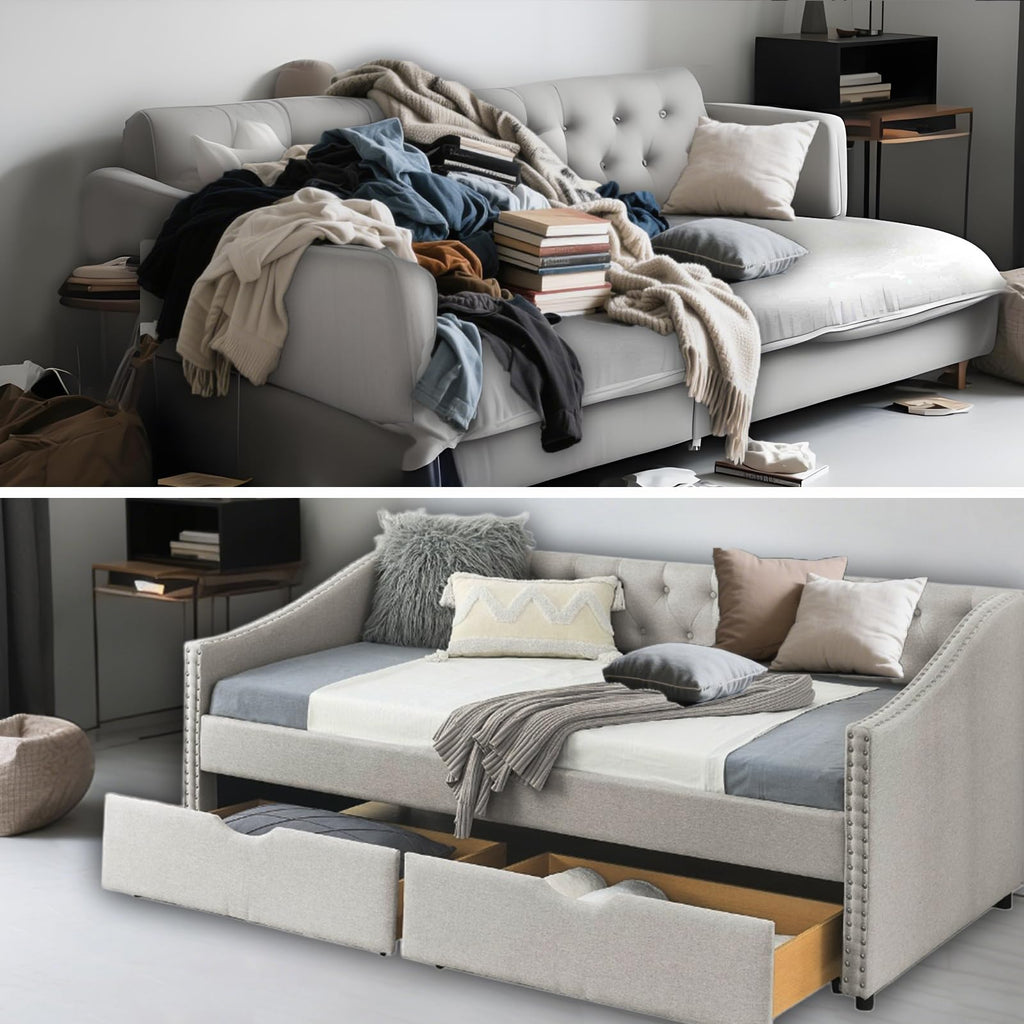 Twin Linen Upholstered Daybed with 2 Storage Drawers U104