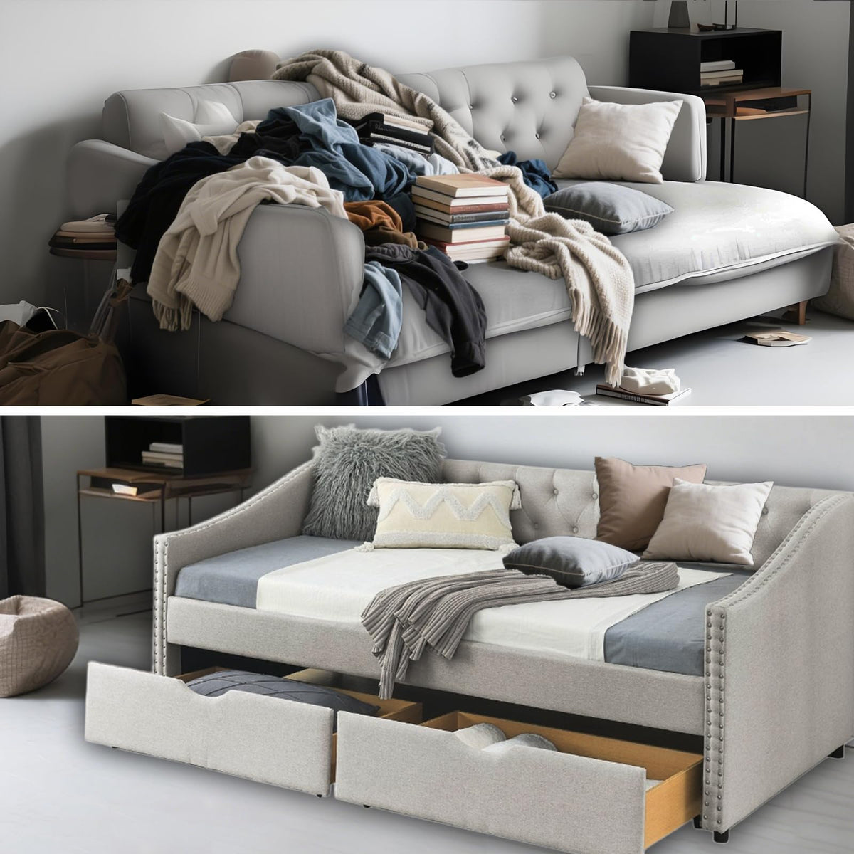 Twin Linen Upholstered Daybed with 2 Storage Drawers U104