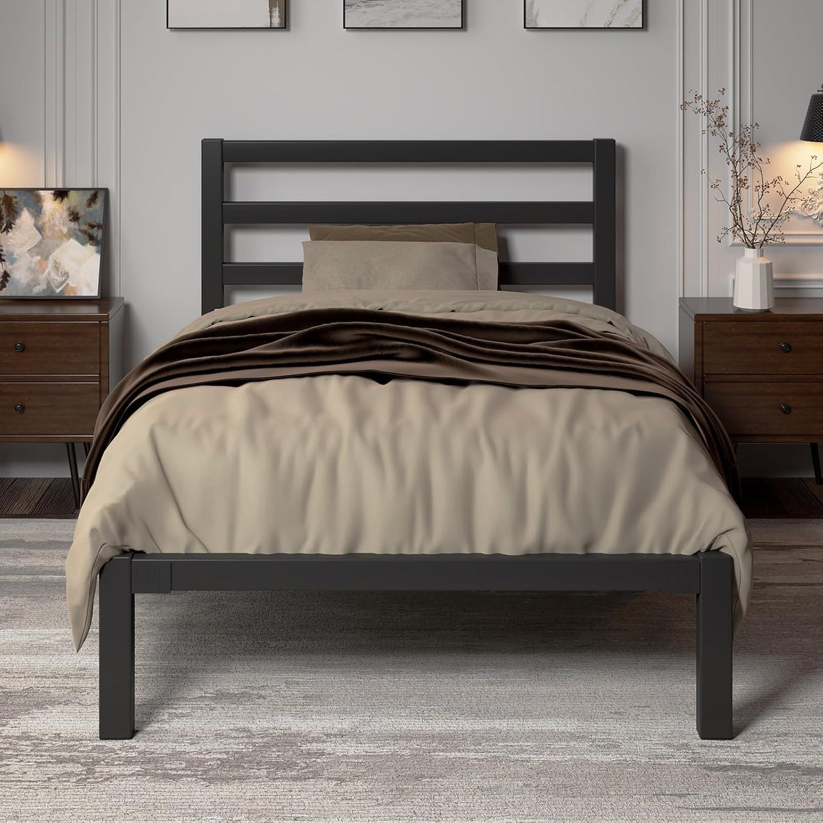 Twin Size Black Metal Bed Frame with Headboard T1184