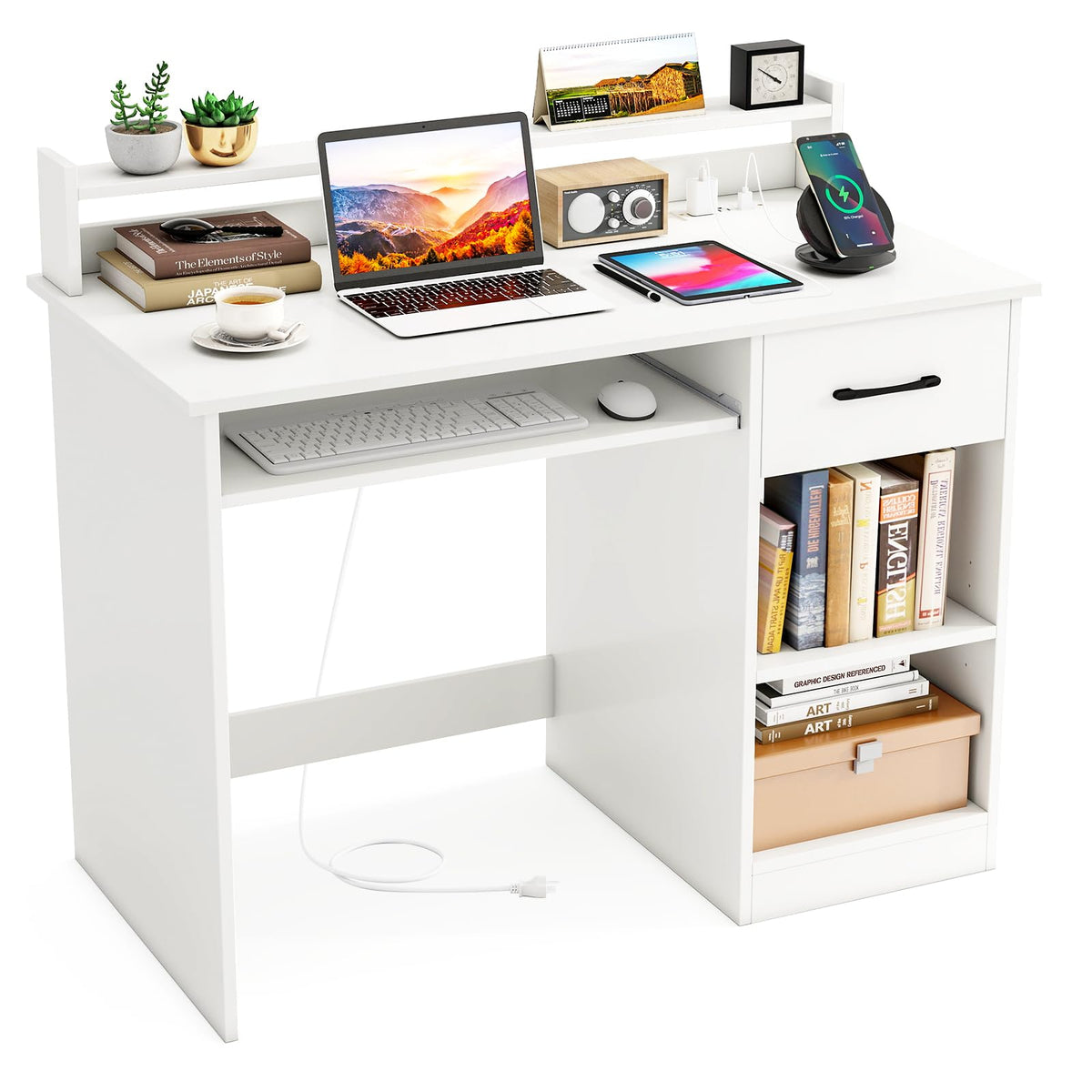White Desk with Drawer and Keyboard Tray W86323