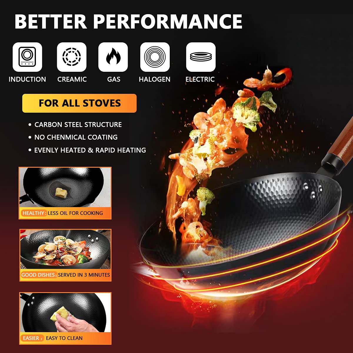 14 Piece Carbon Steel Wok Pan Set with Wooden Lid W6351