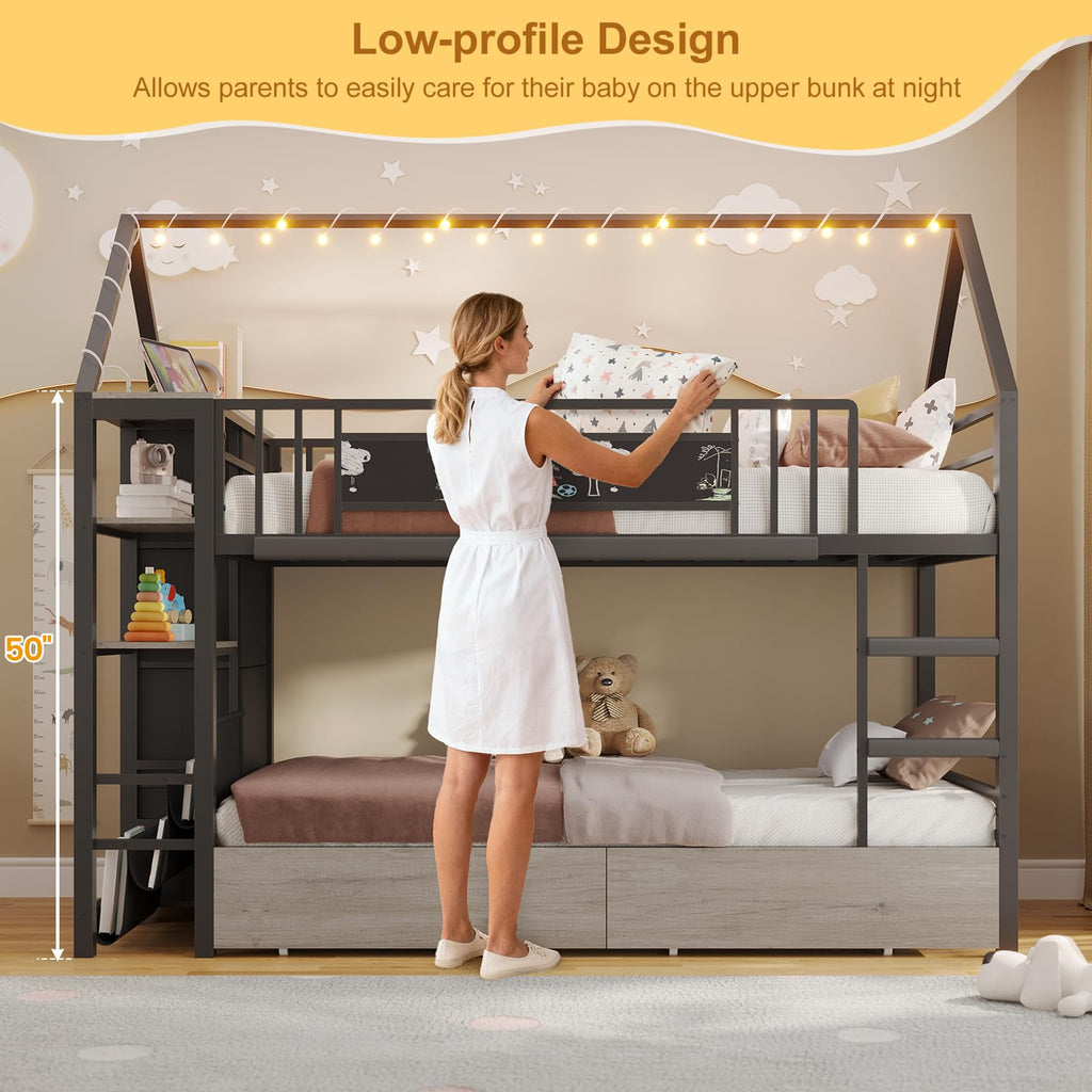 Twin Bunk Bed with Storage Bookshelf, 6 Drawers & USB V10225