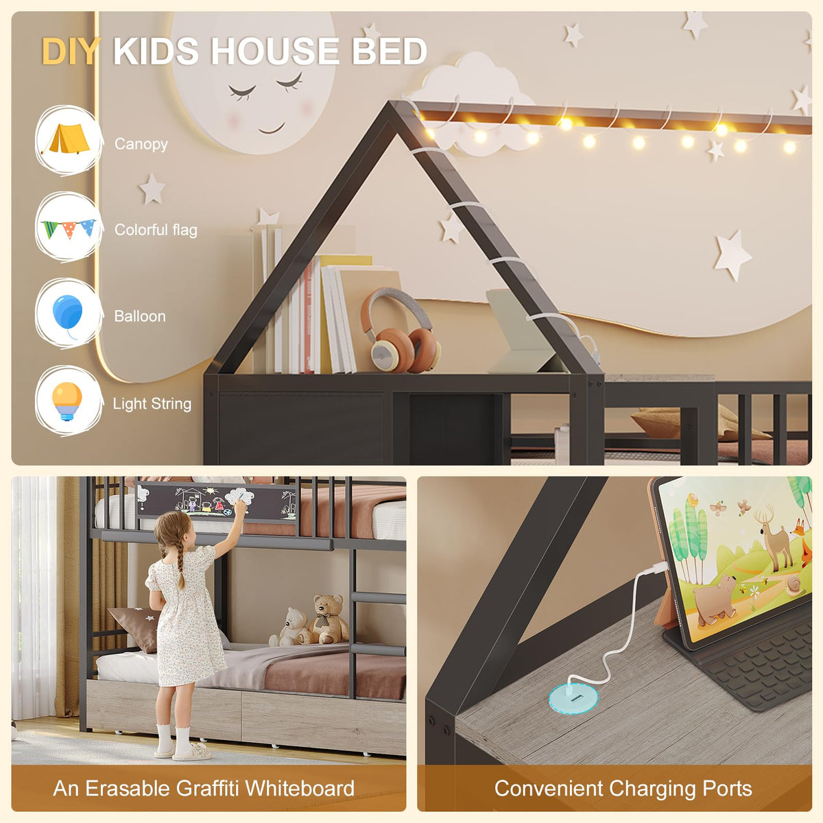 Twin Bunk Bed with Storage Bookshelf, 6 Drawers & USB V10225