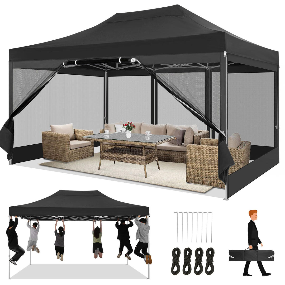 10x15 Heavy Duty Pop Up Canopy with 4 Mosquito Net Sidewalls, Black A4392
