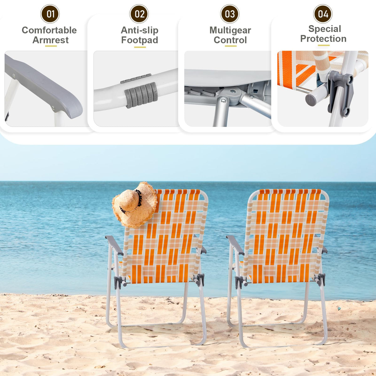 Folding Webbed Patio Chair Set of 2 Orange & White U5919