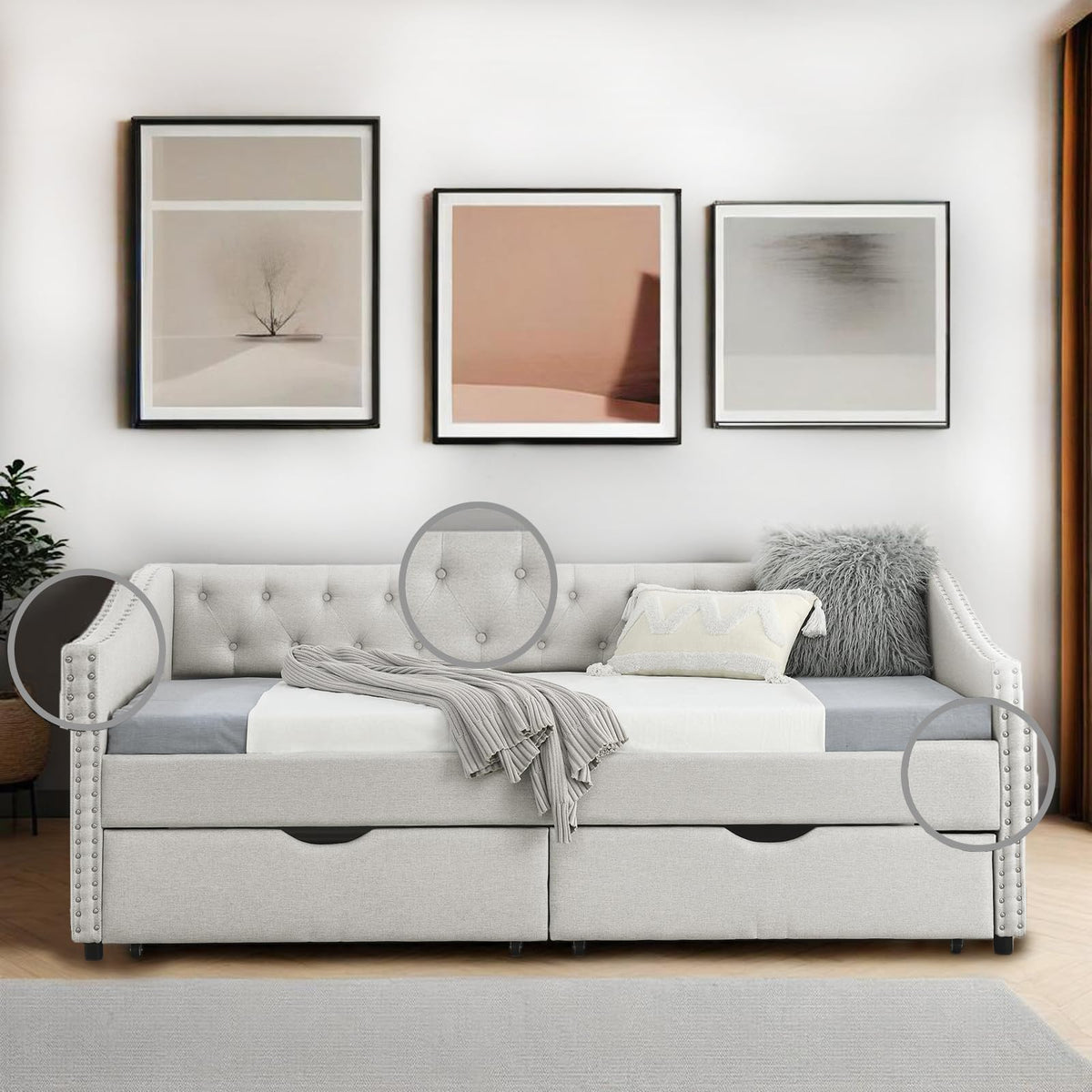 Twin Linen Upholstered Daybed with 2 Storage Drawers U104