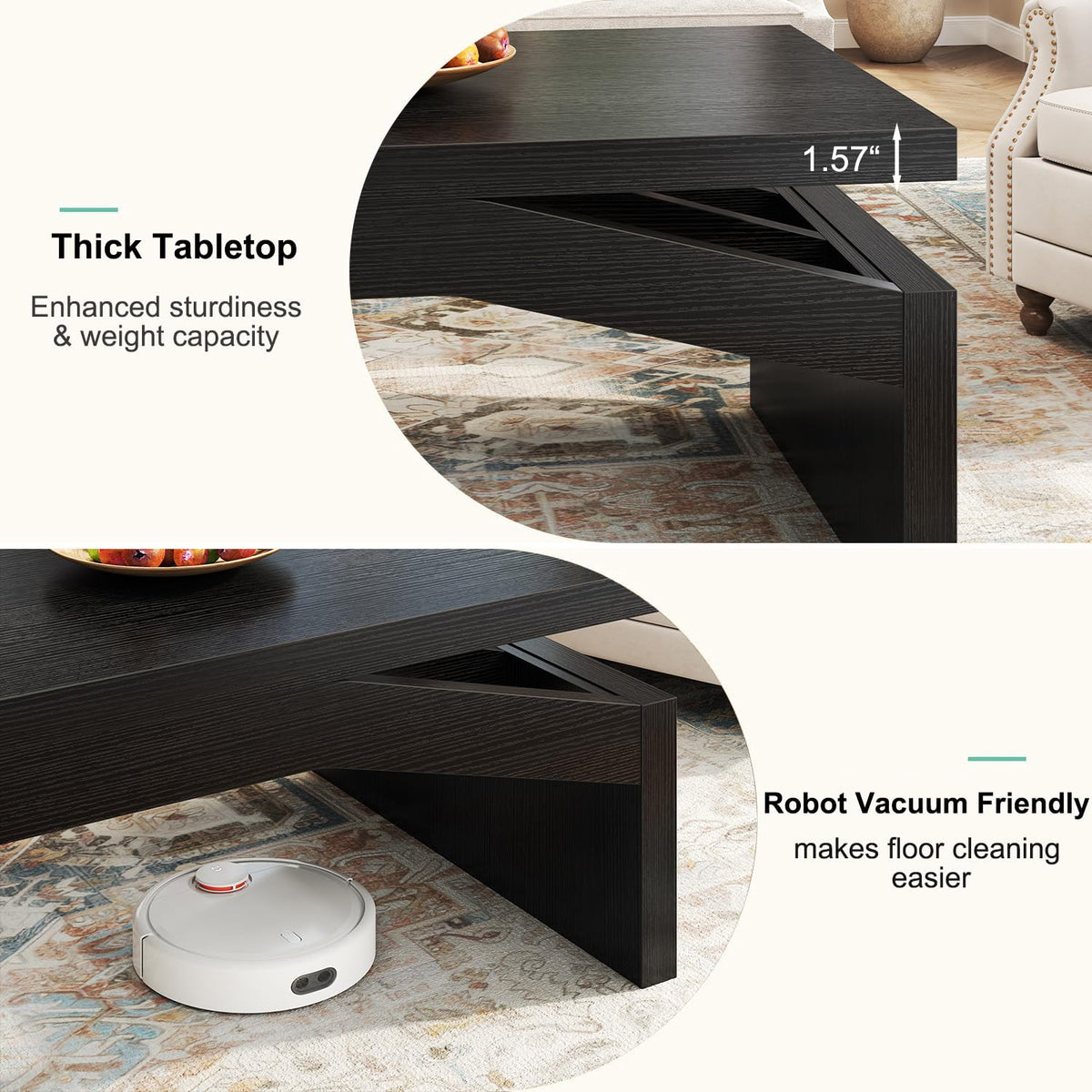 47 Inch Black Oak Wood Coffee Table S833