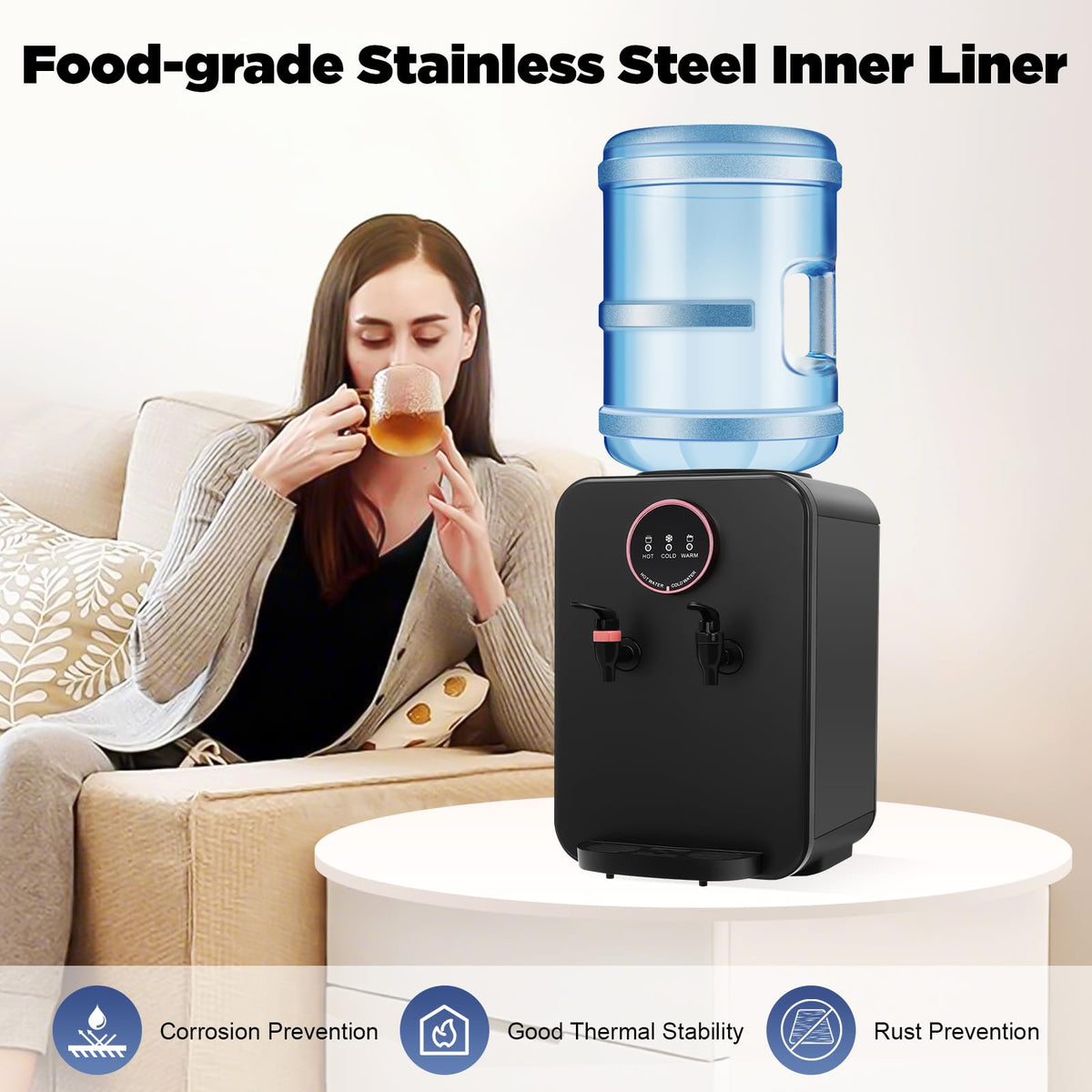 Top Loading Countertop Water Cooler Dispenser with Hot/Cold/Warm 3-Temp Settings, Black Q5205